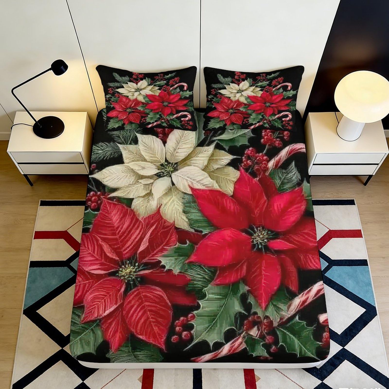 3D Printed Christmas Poinsettia Fitted Sheet Microfiber Soft Red White Candy Cane Bed Cover for Bedroom Guest Room 90x200x25cm