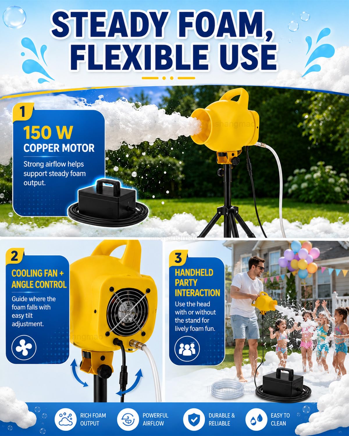 Imprezowa Maszyna Do Piany 150 W, Generator O Zasięgu 3–5 m, Statyw 100–130 cm, Pompa 1000 L/H I Skrzynka Sterująca Na Obozy, Baseny I Urodziny, Na Letnie Atrakcje Blue
