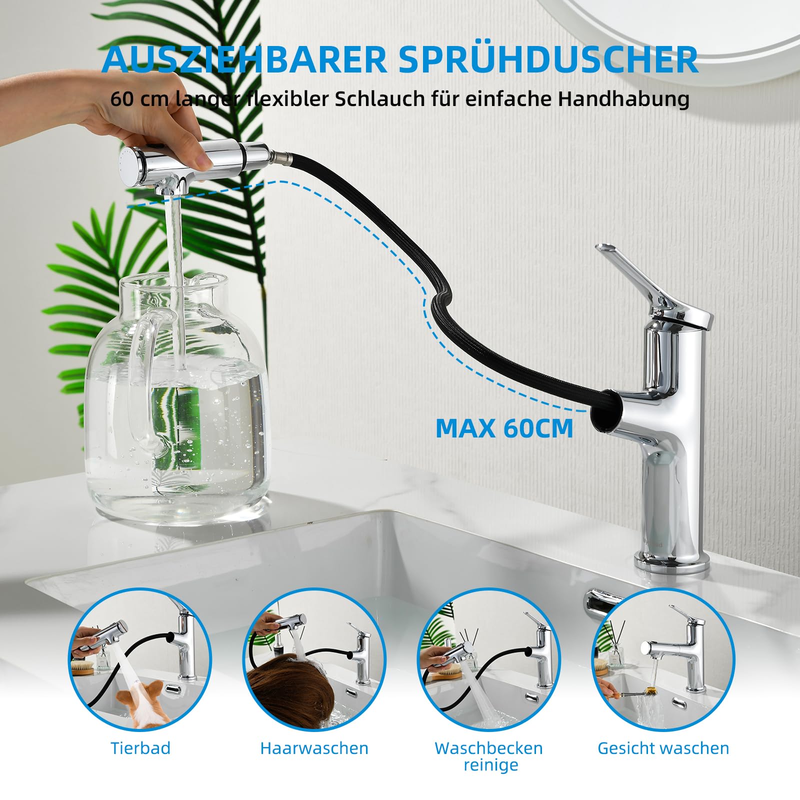 Rubinetto bagno Mynaiad, rubinetto bagno lavabo per bagno con 3 tipi di getto, doccetta estraibile, miscelatore lavabo bagno monocomando per lavabo, cromato
