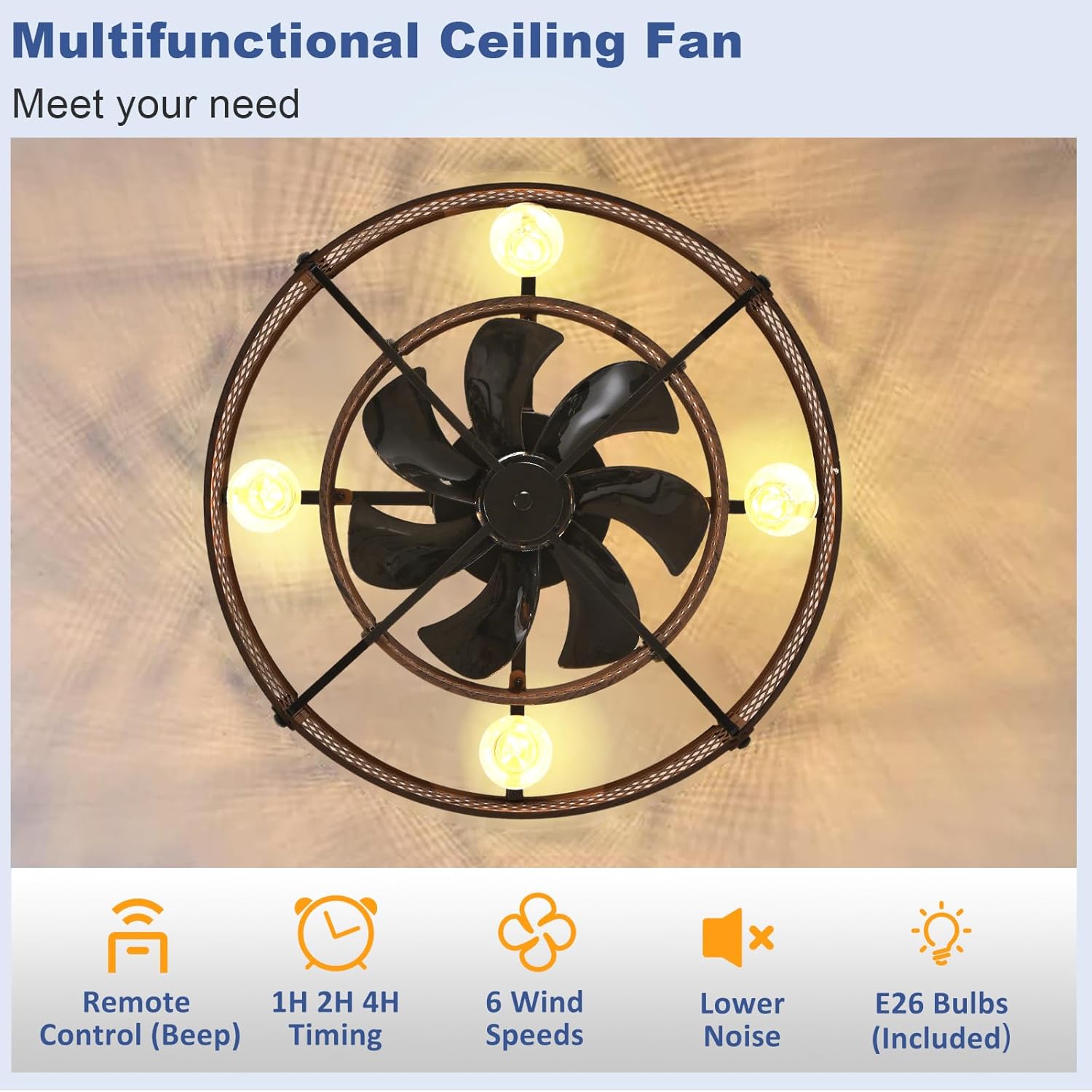 Caged Ceiling Fans with Light: Flush Mount Ceiling Fan with Light and Remote - Rustic Ceiling Fans with Lights for Farmhouse Kitchen Bedroom