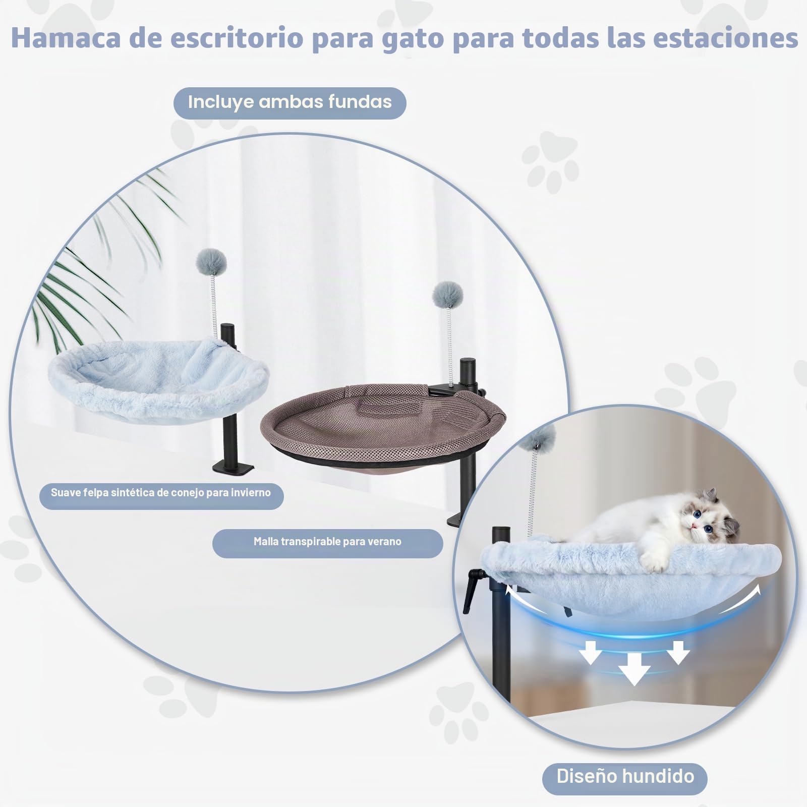 Odoland Cama para gatos para escritorio, hamaca ajustable giratoria de 360°, cómoda cama de escritorio suave para gatos con 2 telas lavables para todas las estaciones (gris)