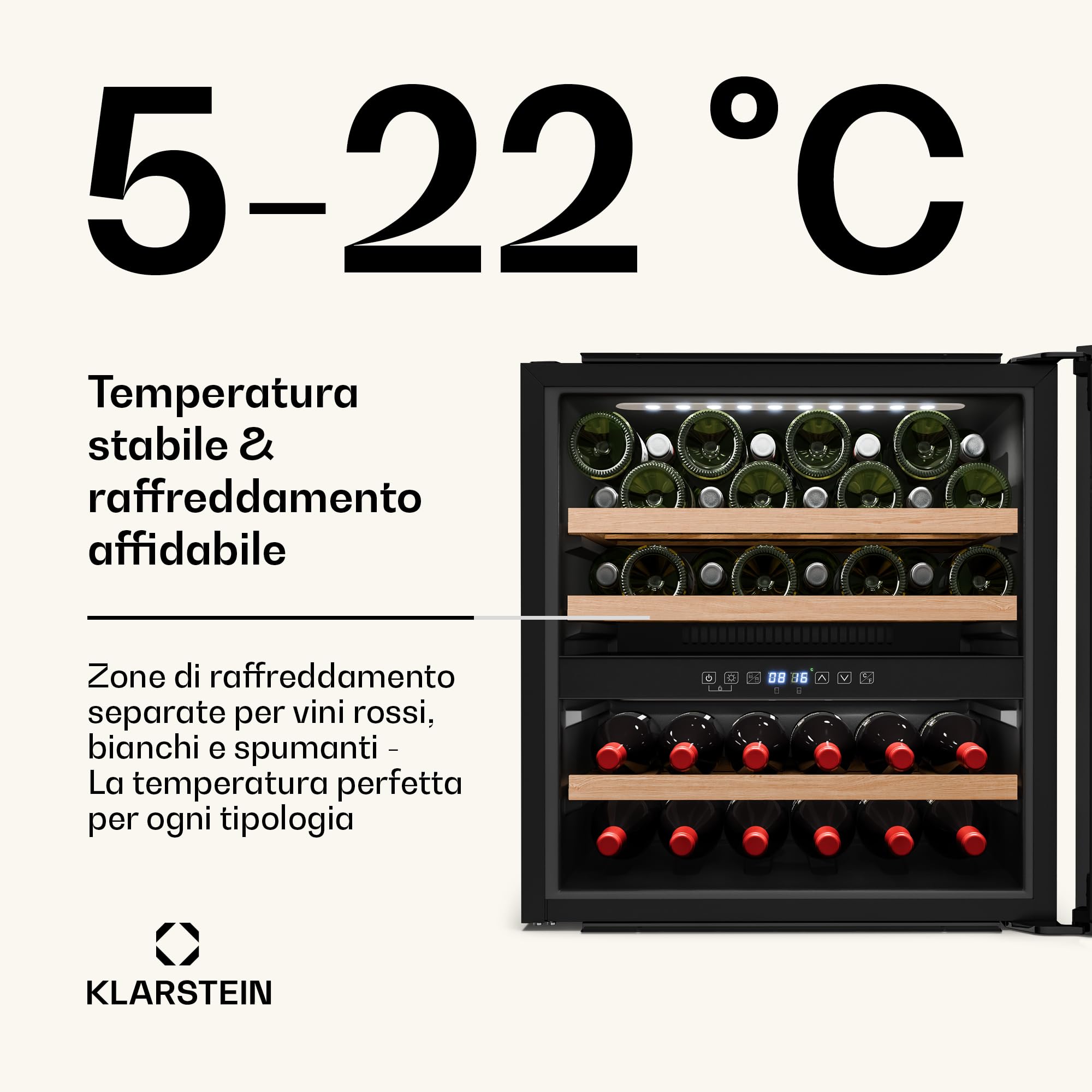 Klarstein Vinsider Victoria 36 - Cantinetta per Vini, 36 Bottiglie, Doppia Temperatura 5-22°C, Touch Control, LED, Silenziosa: 41 dB, Protezione UV, Da Incasso, Nero