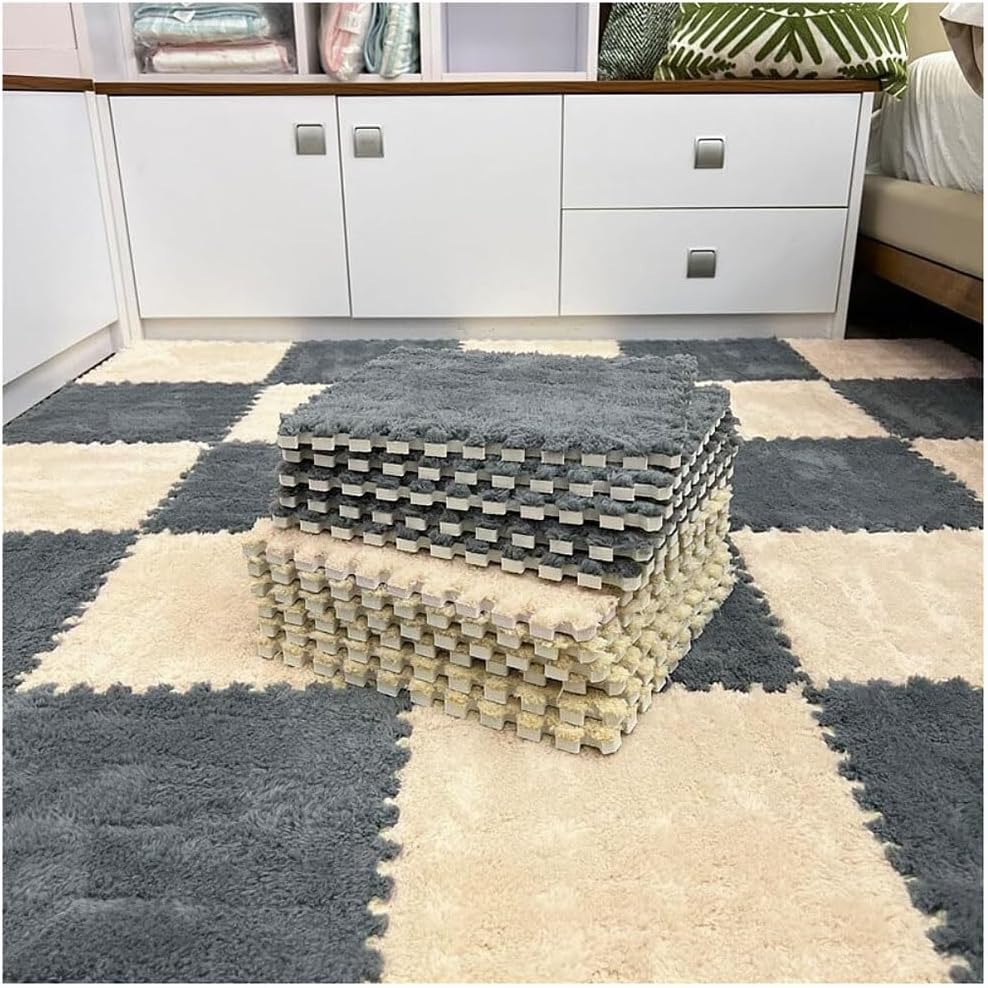 10Pcs Plush Foam Interlocking Carpet Tiles Anti Slip Versatile Soft Floor Mats for Living Rooms Bedrooms and Play Areas(Gray+Apricot,32pcs)