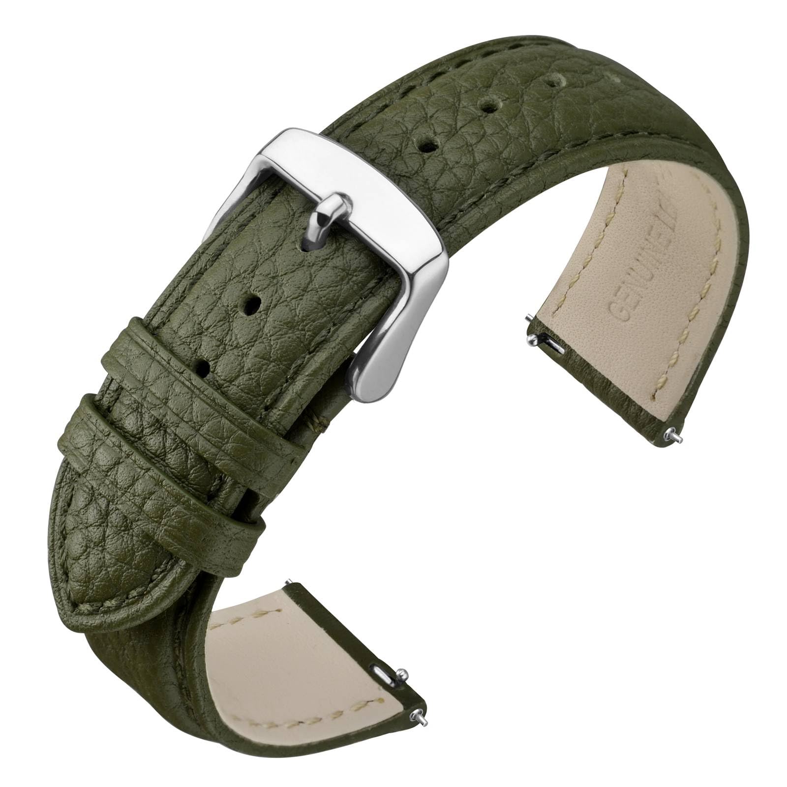 ANNEFIT Watch Band 17mm, Quick Release Textured Padded Leather Straps with Silver Buckle for Men and Women (Army Green)