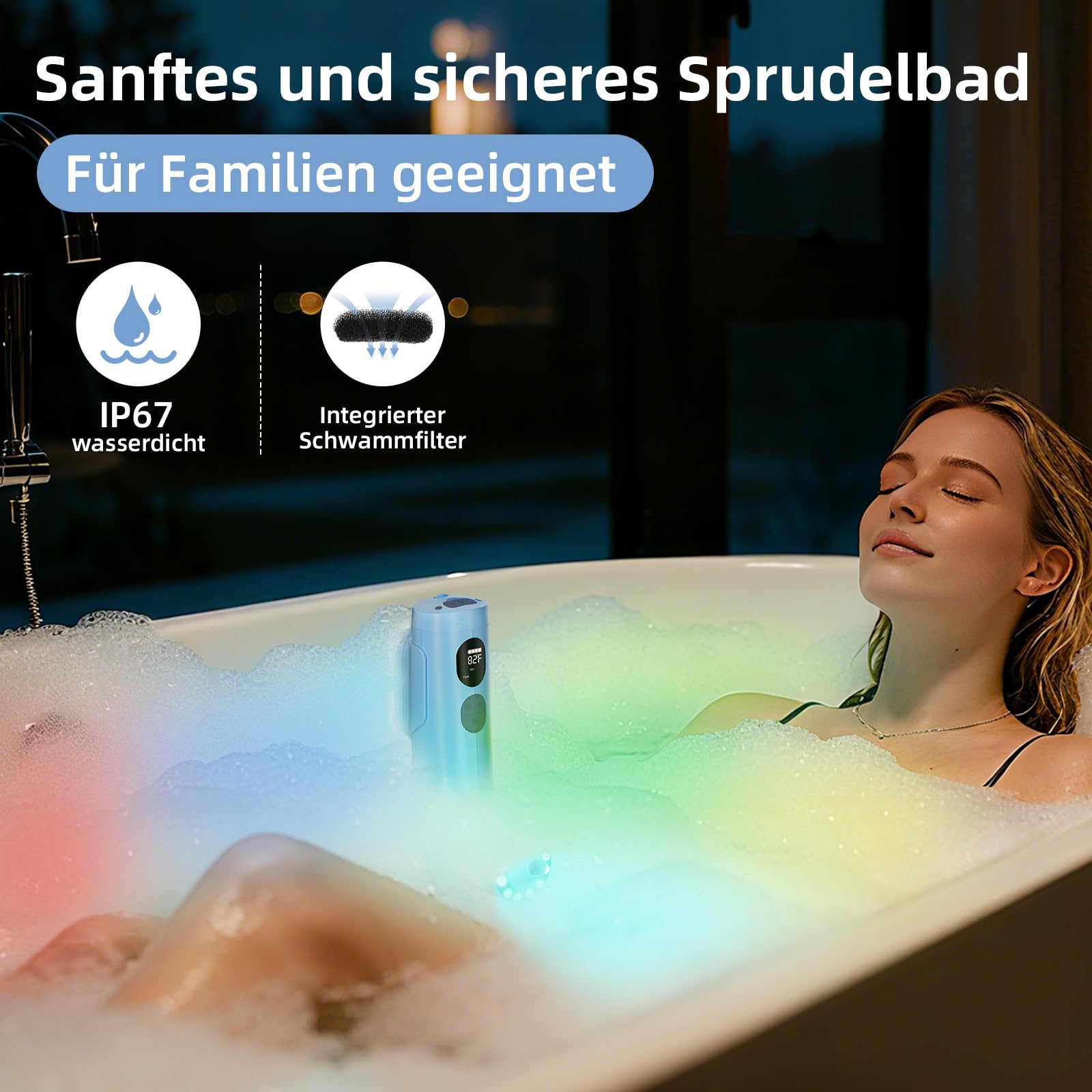 Bath Jet Spa mit Schaummodus, 3 Stufiger Wasserstrahl, 7 RGB-Farben, IP67, Temperaturanzeige ，Familien Badevergnügen zu Hause