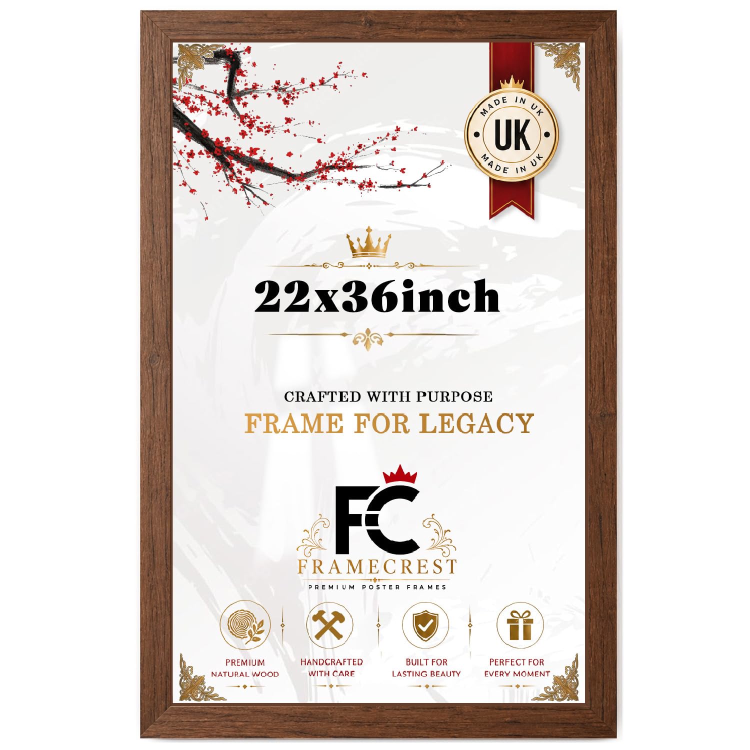 FRAMECREST Luxury Design MDF Poster Frame 22x36 Inch | Walnut Wood Finish | Crystal Clear Perspex | Ideal for Large Posters, Photos, Artwork & Gifts- [Walnut]