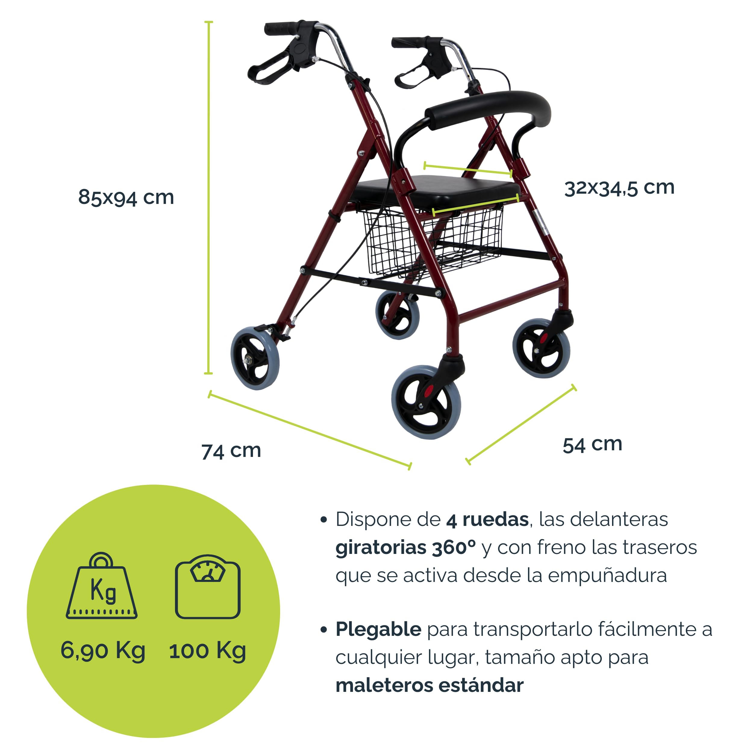 Sanitec - Andador Rollator con Frenos en Empuñadura | Andador para Ancianos Plegable | Andadores Adultos con Estructura de Aluminio Ligero | Andador con Asiento y Cesta | Andadores para Ancianos