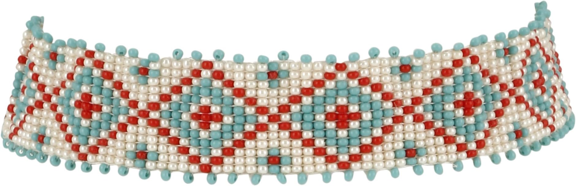 Seed Bead Native American Style Inspired Seed Beaded Choker Preciosa Jablonex Red, Off White And Turquoise Patterned Handmade Personalized Delicate Costume Fashion Unique Necklace for Women.