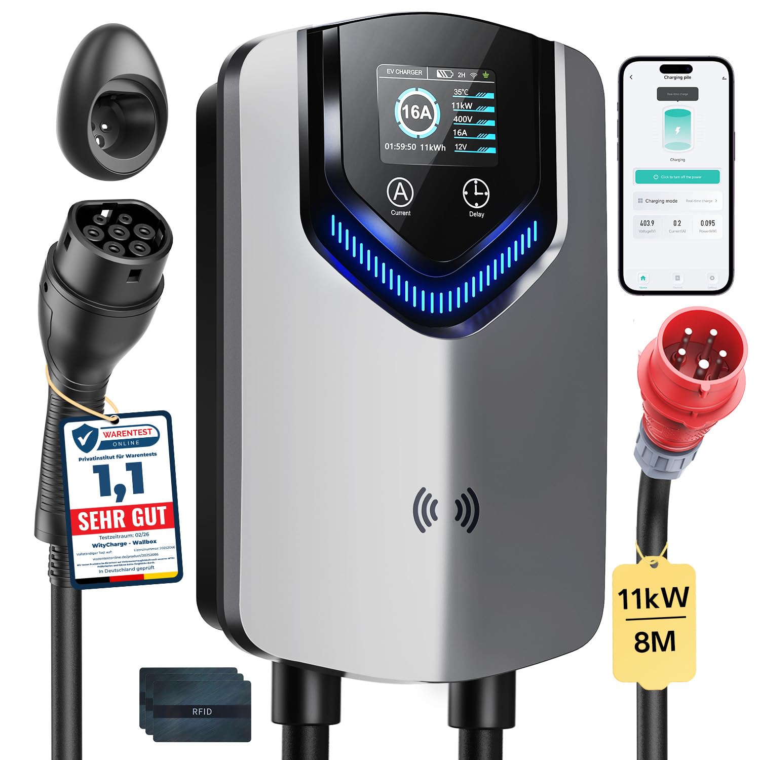 Wallbox 11kW mit APP & RFID – 3-Phasiges Typ 2 EV-Ladegerät 400V, 6–16 A, 8M Kabel mit Kabelhalter – RCD Typ B & IP54,Einstellung Startzeiteffiziente Ladestation für Zuhause für BEV PHEV