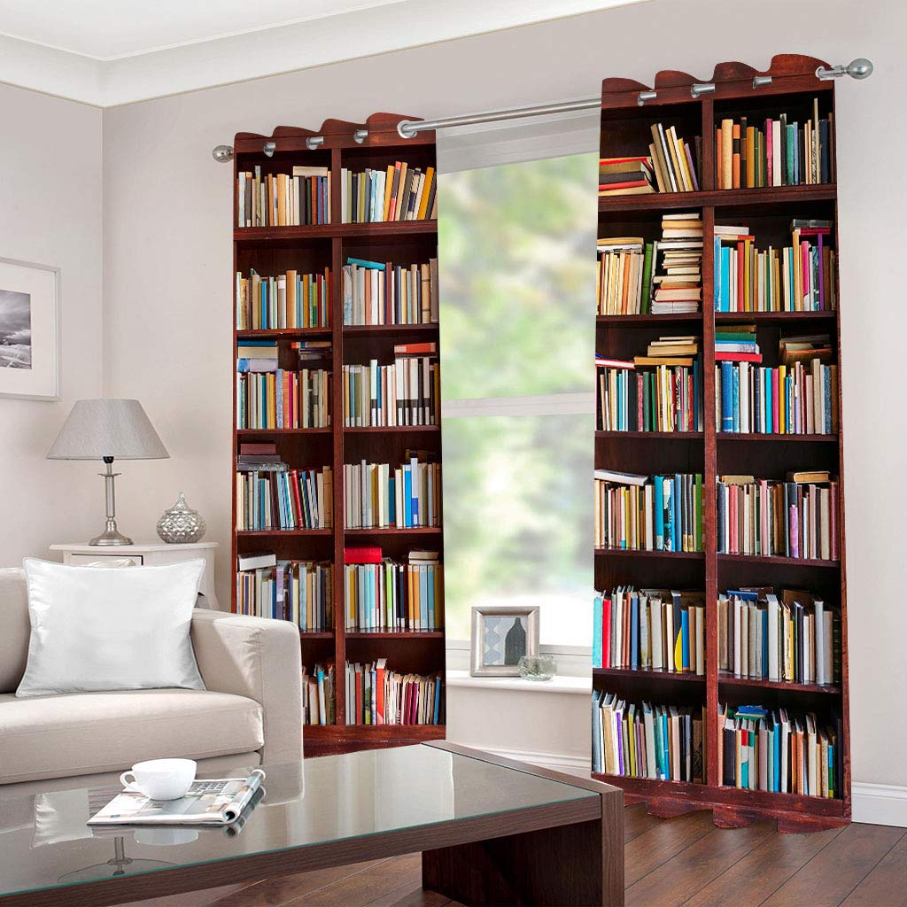 Rideaux Salon Moderne 3D Modèle De Bibliothèque Motif Rideau À Oeillets Désign Moderne Chambre Maison Salon Lot De 2 200x200Cm Occultants Isolant Thermique, Décoration De Fenêtre
