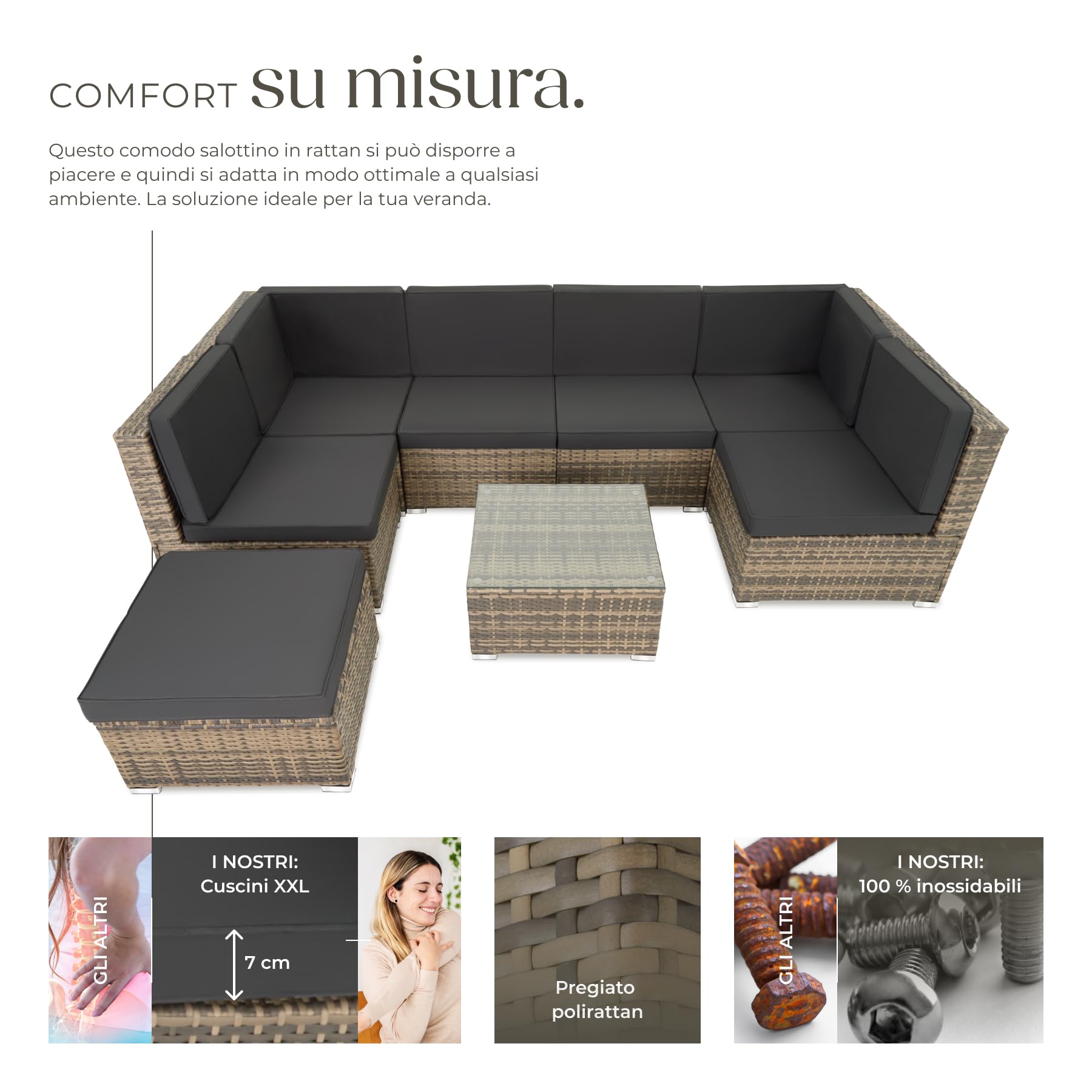 Tectake Set di Salottino in Rattan Venezia 6 Sedili 1 Sgabello 1 Tavolino Resistente alle Intemperie Viti in Acciaio Inox Giardino Esterno