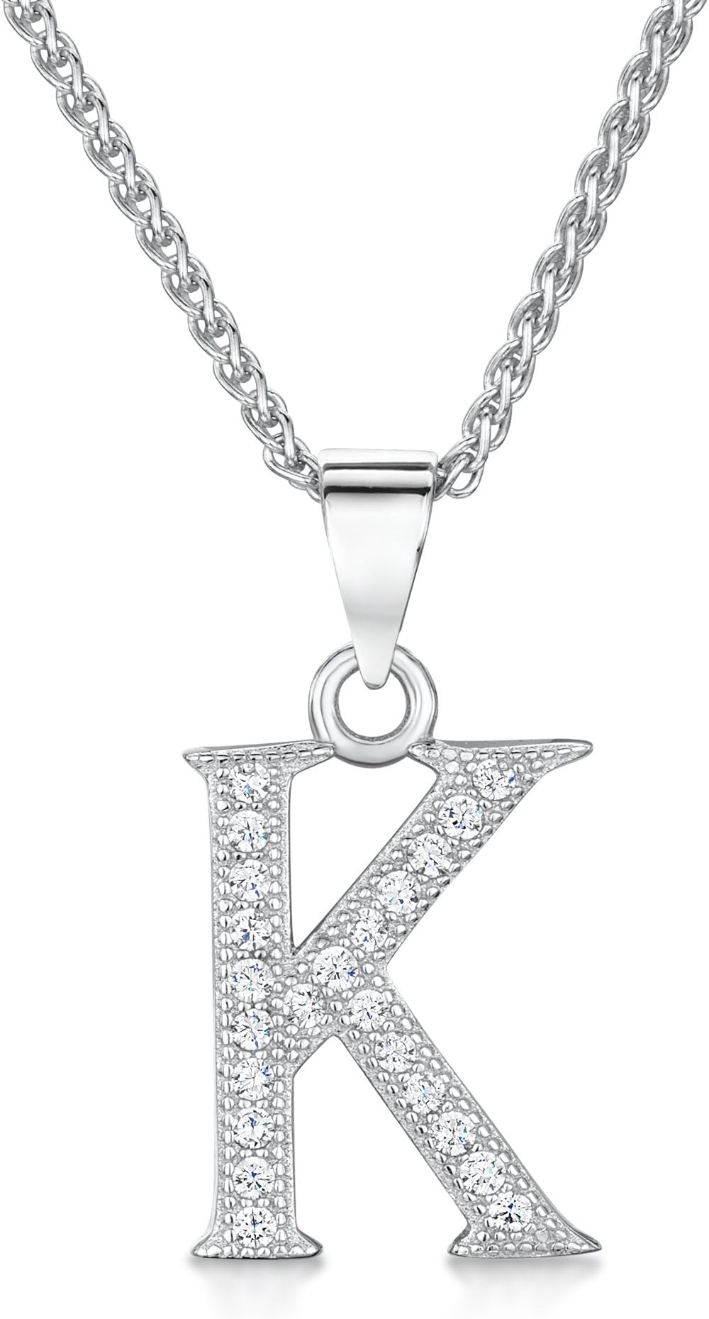 Just Jo Initial 'K' Sterling Silver and Cubic Zirconia Letter Pendant on 41-46cm Spiga Chain
