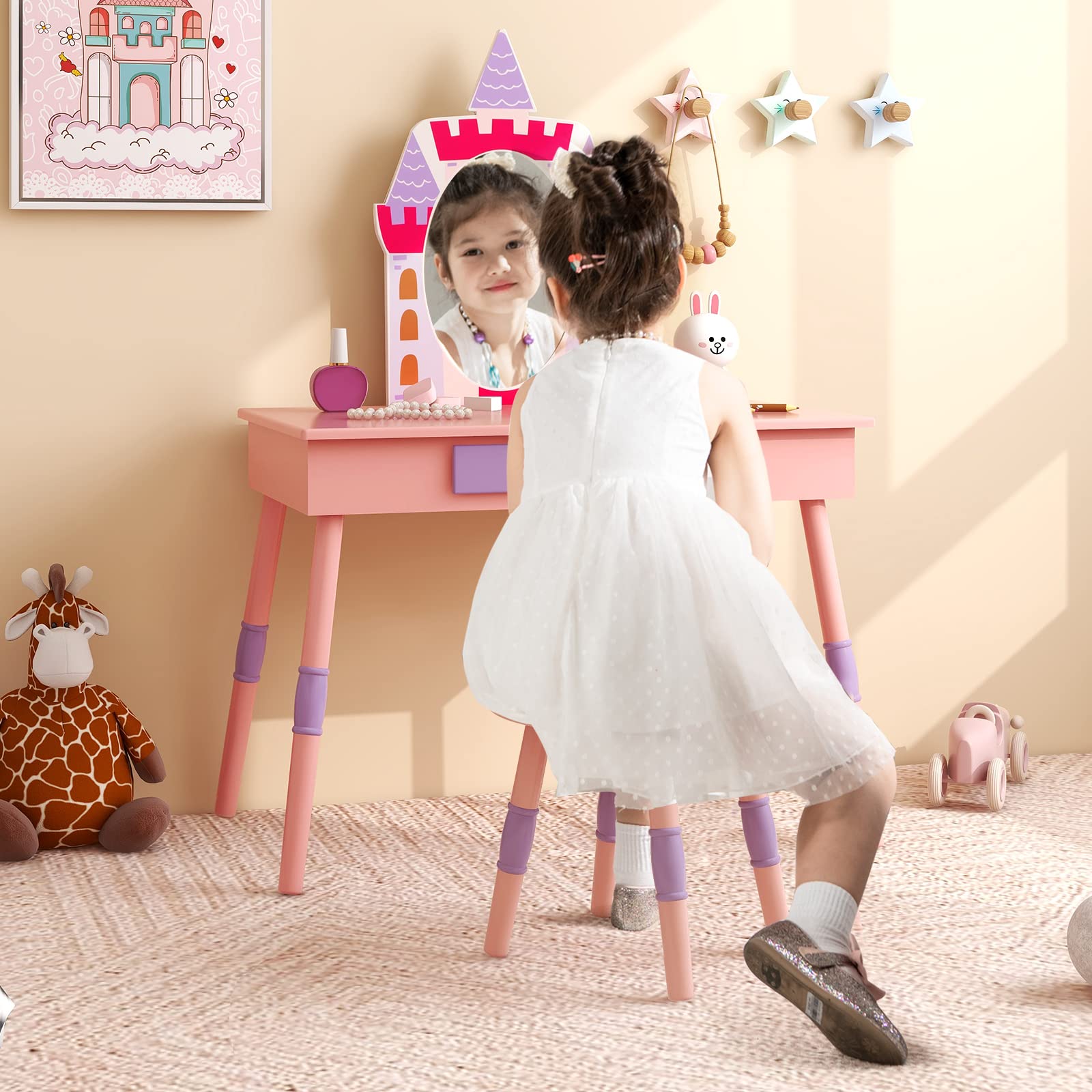 COSTWAY 2 in 1 Toeletta Trucco per Bambina 3+ Anni, Postazione Trucco per Ragazza in Legno con Sgabello e Cassetto e Accessori, 74 x 39 x 101 cm, Rosa