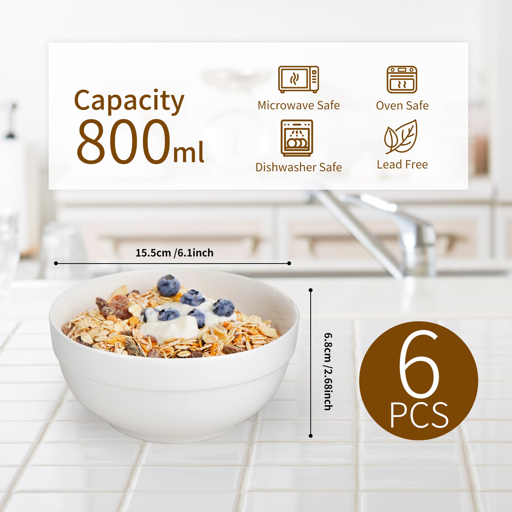 Juego de 6 cuencos para cereales, cuencos de sopa de 6 pulgadas, cuenco de desayuno de cerámica, cuenco blanco para servir sopa, ensalada, postre, avena, arroz, pasta, fruta
