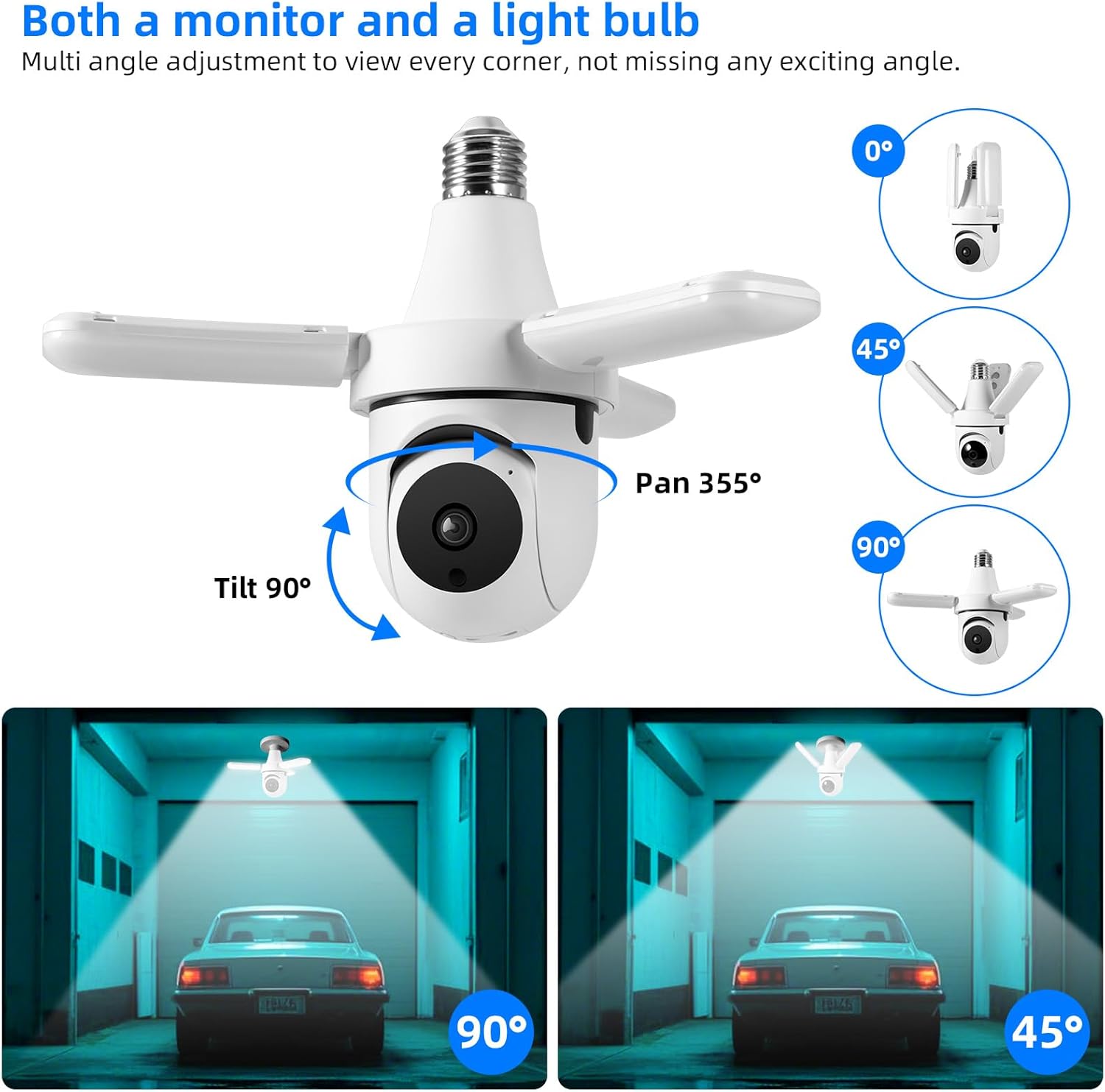 Image illustrating the 355-degree pan and 90-degree tilt capabilities of the TOWODE Light Bulb Security Camera, showing different viewมุมการเอียง