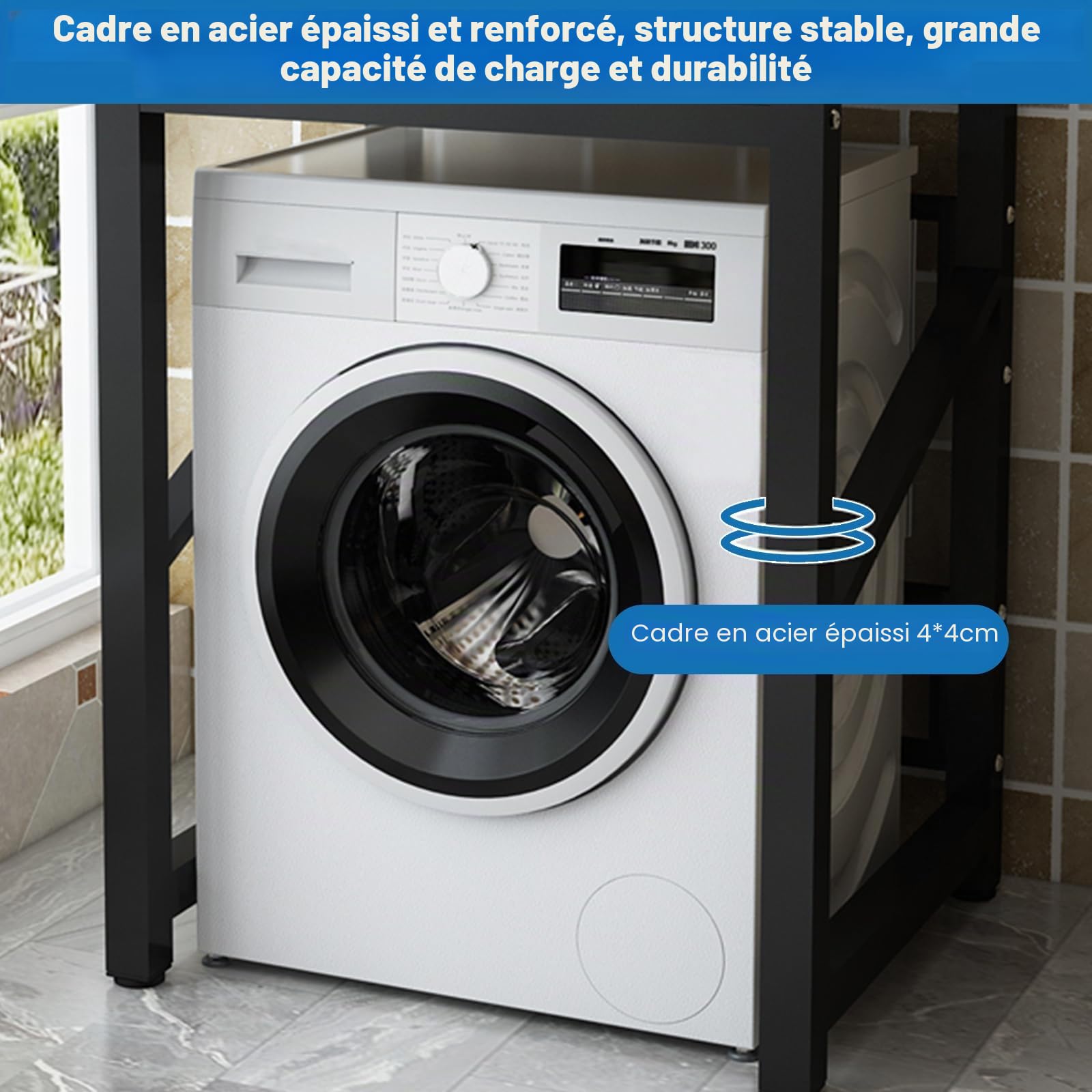 Support de machine à laver, réglable, en métal à double couche, étagère au-dessus de la machine à laver, étagère de machine à laver, armoire de conversion pour machine à laver, sèche-linge