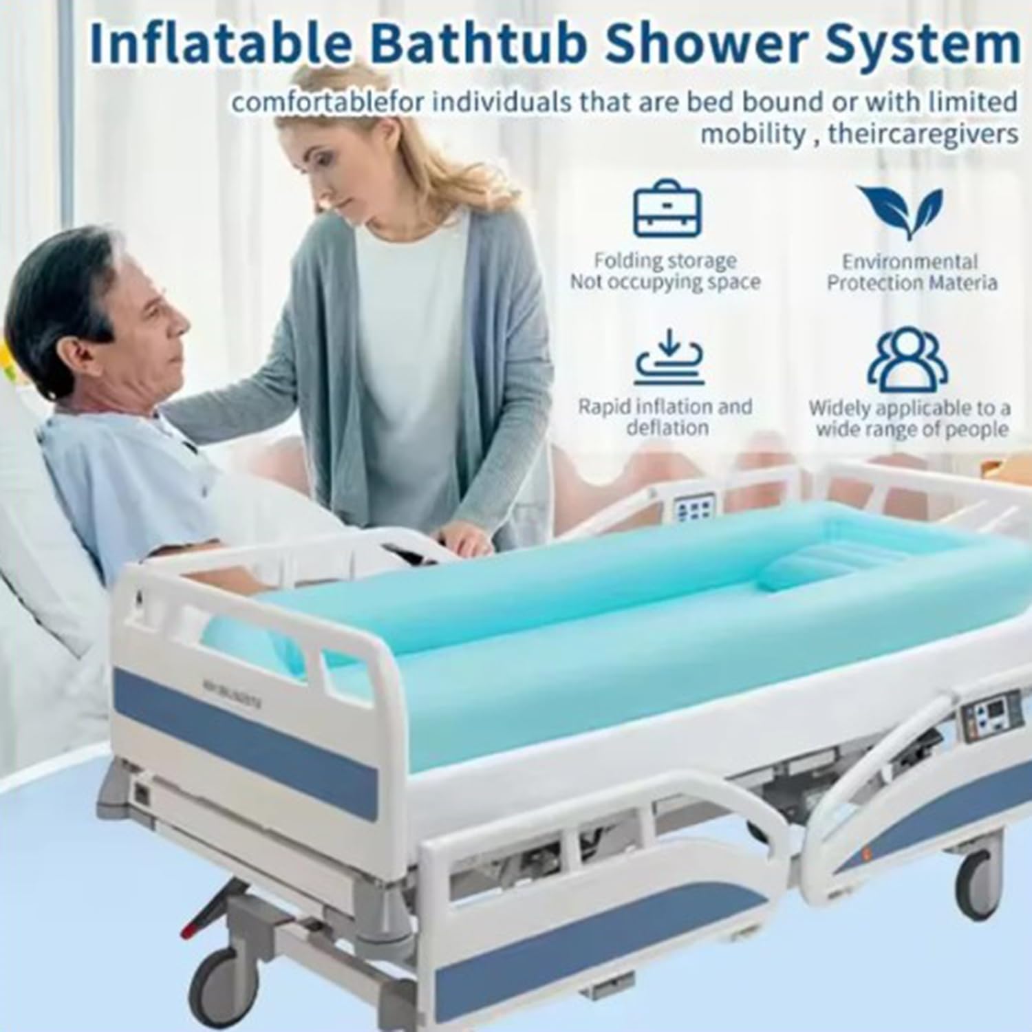 Vasca Da Bagno Gonfiabile,Vasca Per Doccia,Set Doccia Con Vasca Da Bagno Gonfiabile,Sacca Per l'Acqua e Pompa Ad Aria,Adatto a Persone Con Disabilità,Anziani e Pazienti Allettati,Portatile(Blu)