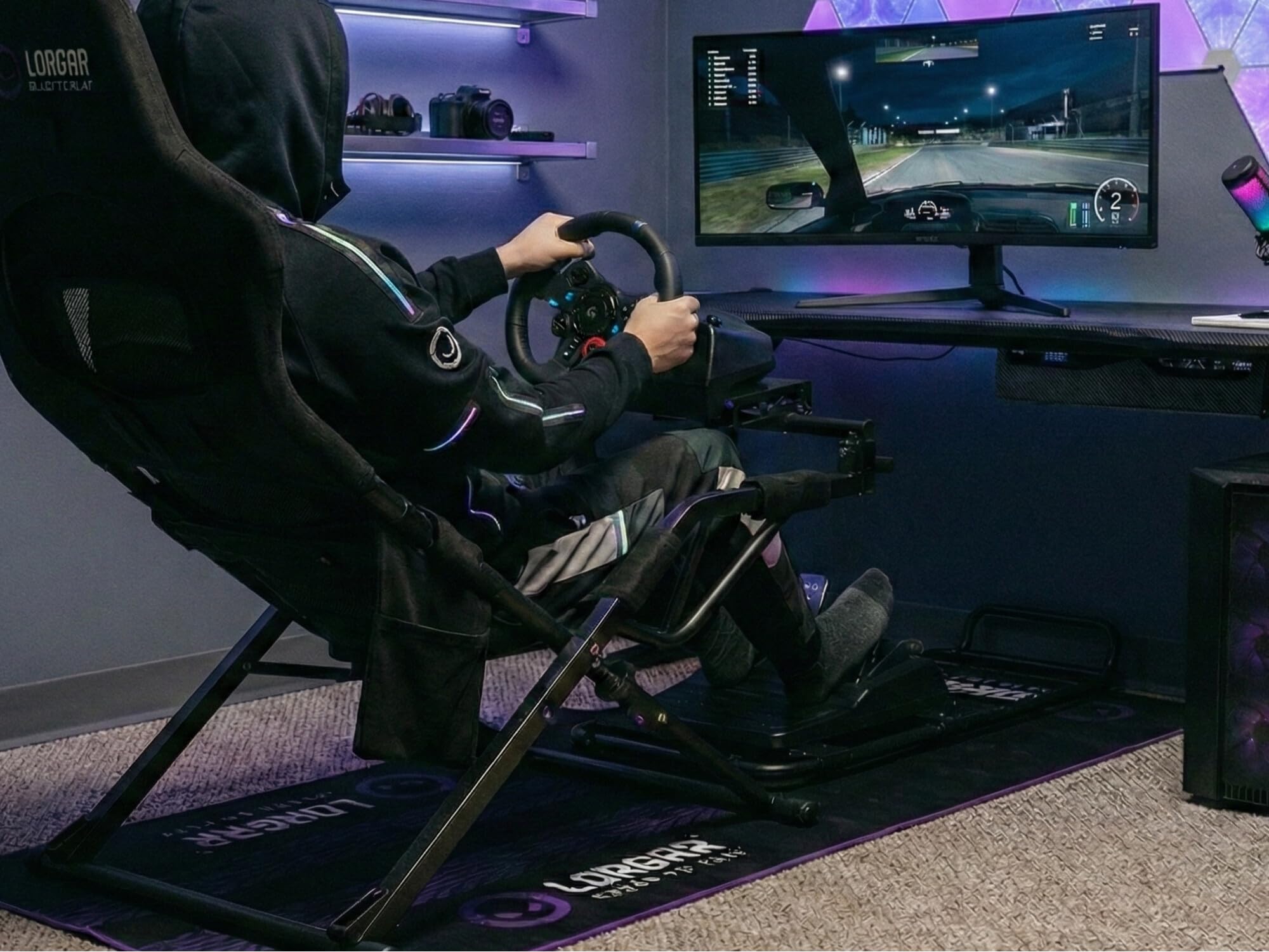 RX1FM SIM Racing mata podłogowa, antypoślizgowa gumowa strona tylna, obszyta krawędź, tłumienie wibracji, 1700 x 700 x 3 mm, czarna/fioletowa
