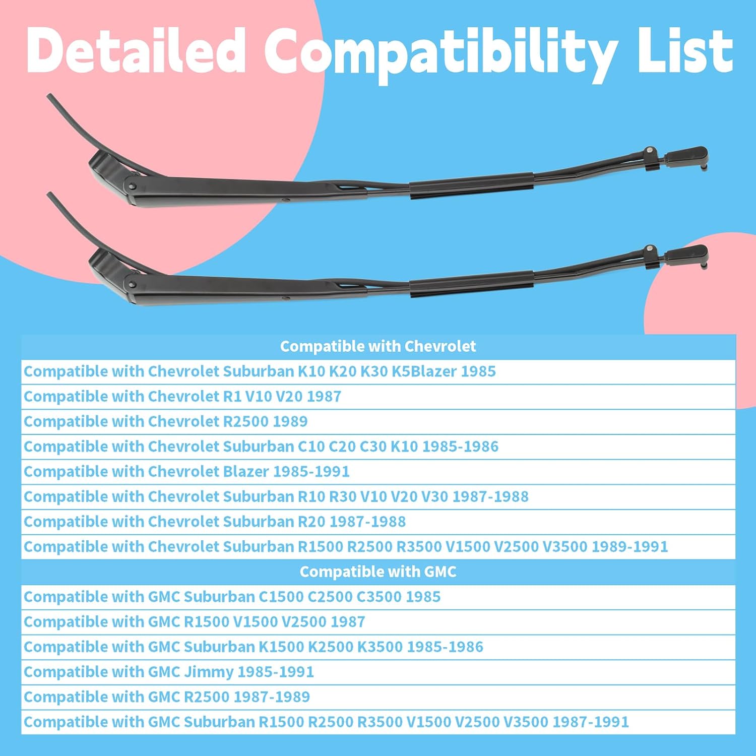 42852 Pair Front Windshield Wiper Arm Replacement for Chevrolet Suburban K10 K20 C1500 C2500 C10 C20 for Blazer 1985-1991 for GMC K1500 R1500 V1500, Replaces 15522766 22111206 15593245