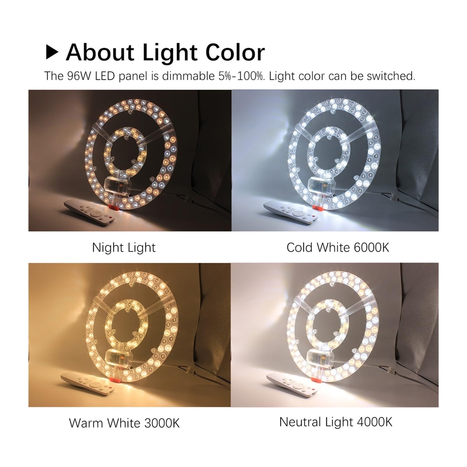 Lampa sufitowa Panel LED 220V ściemnialny moduł LED 96W zamienny panel świetlny LED tablica okrągły moduł lampy do wentylatorów sufitowych (Color : 96W Tricolor 1Pcs)