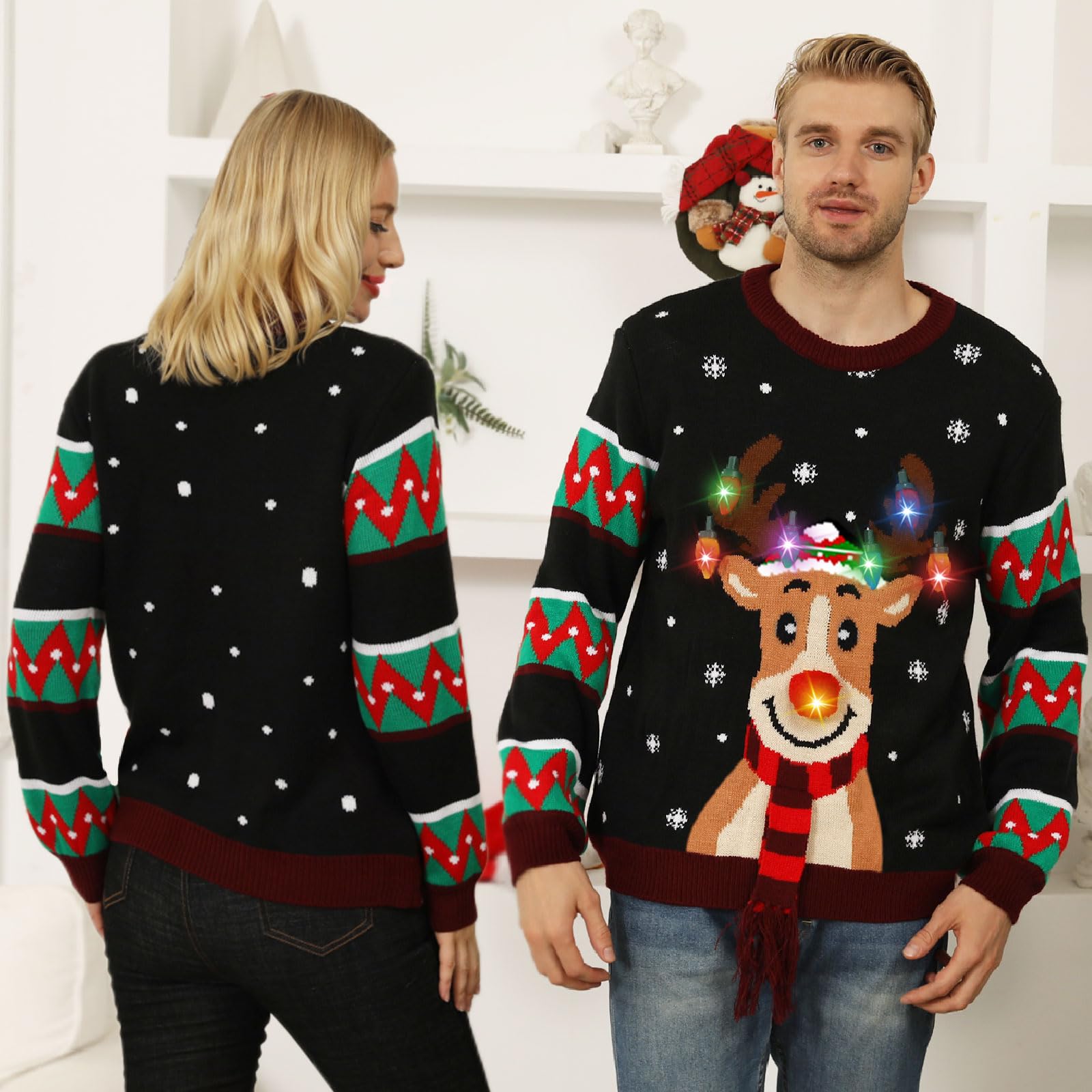 Maglione Natalizio con Luci, Maglioni Natalizi Famiglia Coppia Maglione Natale Uomo e Donna, Brutti Maglione Natalizio LED con Renna Stampato, Girocollo Ugly Christmas Sweater Maglioni di Natale