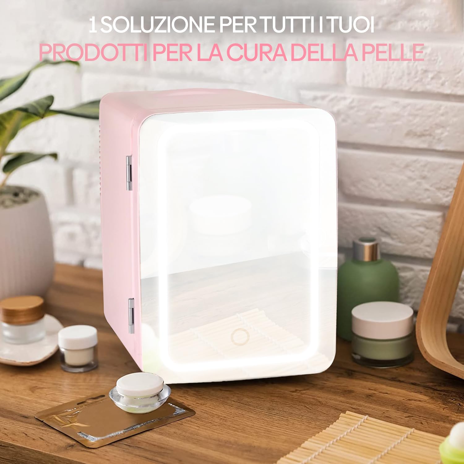 Olvy Frigorifero Cosmetico 4 Litri, Mini Frigo Portatile con Specchio LED, Piccolo Frigo per Cura della Pelle, Raffreddamento e Riscaldamento per Camera, Rosa
