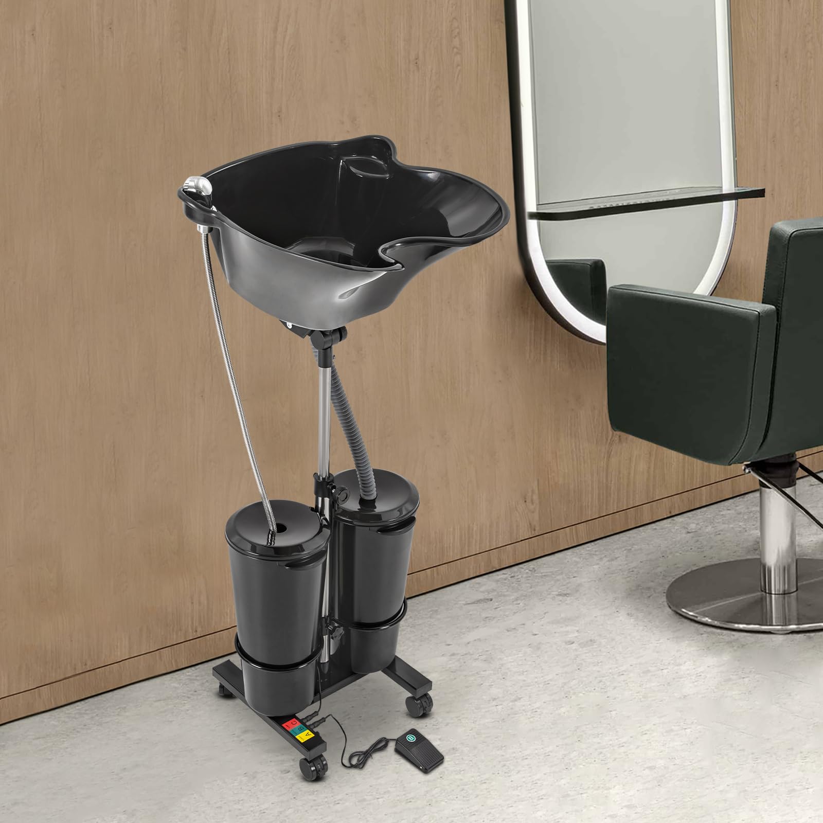 Mobiles Shampoonierbecken, Tragbares Haarwaschbecken, Friseur Waschbecken, Höhen- und Winkelverstellbar, Doppel Eimer Design, Ergonomischer Nackenstütze, Rollbar, Für Senioren und Schwangere