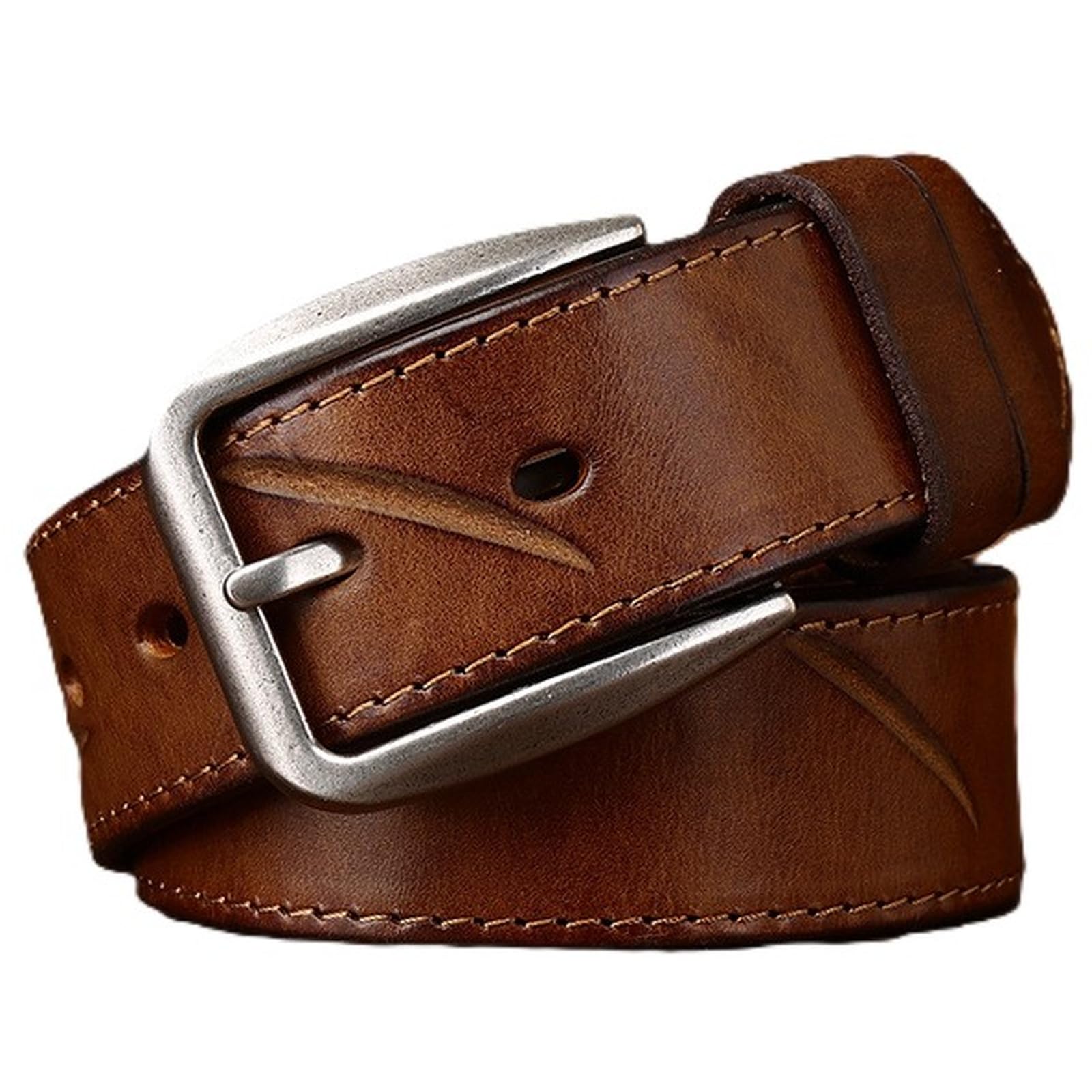 AGUTALITHIC Durable Cowhide Belt-Engraved Scratched Full-Grain Leather Hand Stitched Strap| Solid Buckle,Daily Wear,Gift Box(100cm/39, Khaki)
