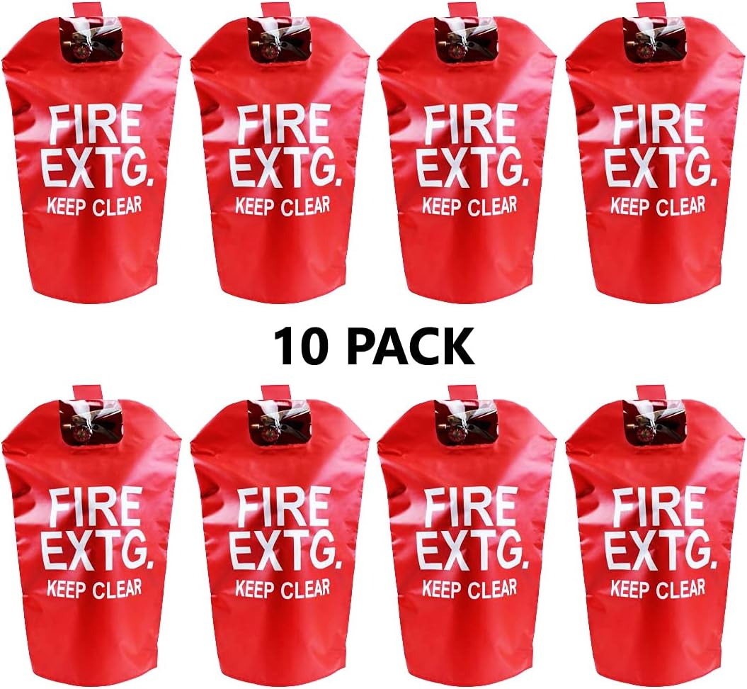 FIRE Extinguisher Covers (with Window) for 10Lb to 15Lb Fire Extinguishers, Medium - 27" x 16", White on Red (10 Pack)