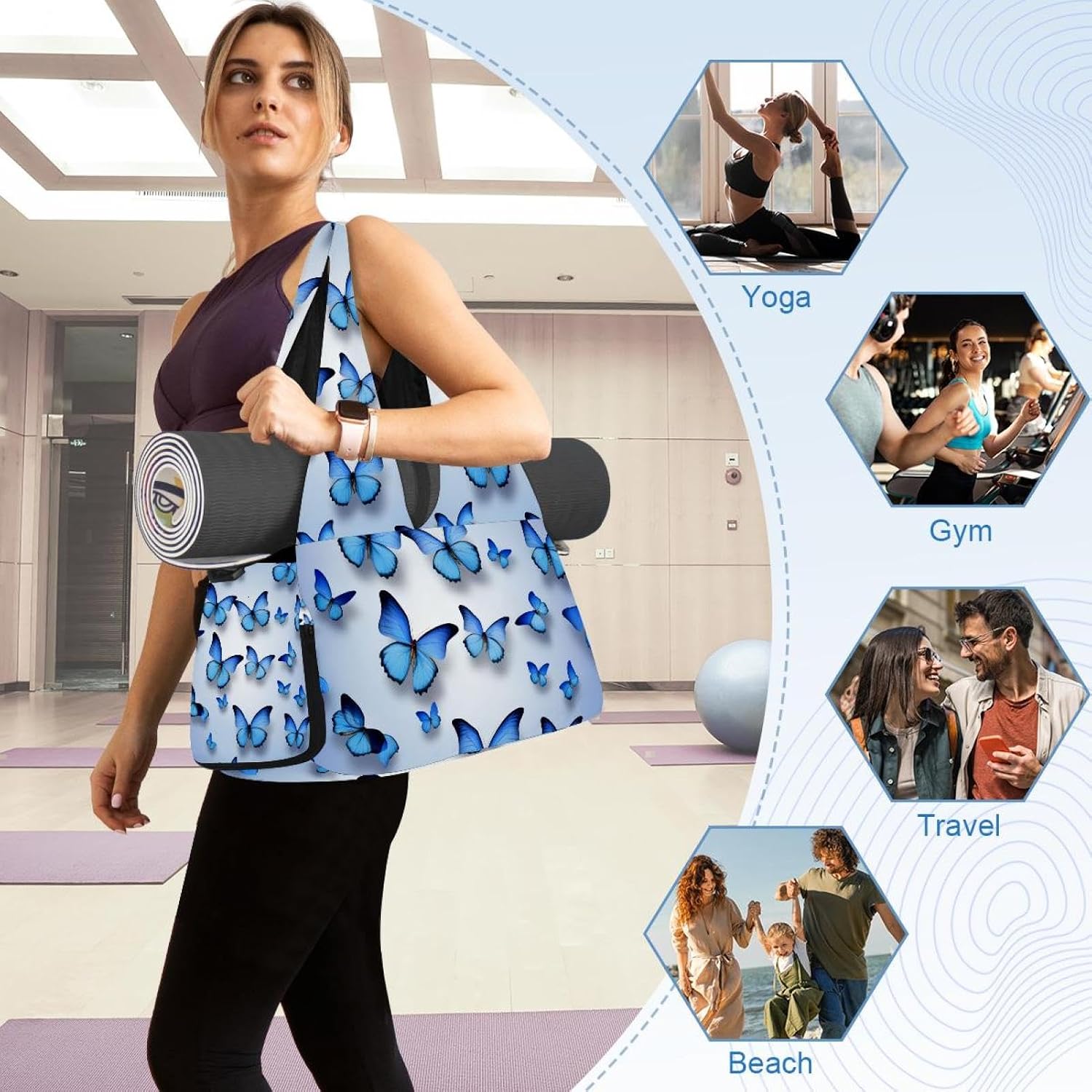Yoga Mat Bag, Gym Workout Bag with Shoe Compartment, Butterflies Flowers Pilates Bag for Women, Quick Access Storage Yoga Tote Bag for Sports Travel Office