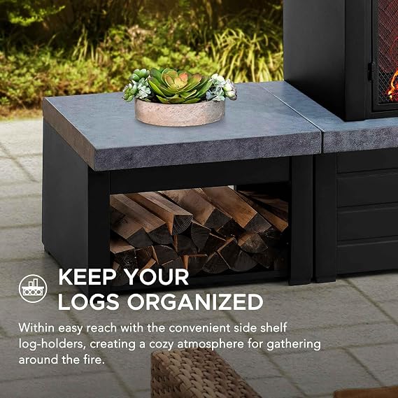 Sunjoy Wood Burning Fireplace Matte Black Outdoor Steel Fireplace with Chimney, Log Holders, Fireplace Tool, and PVC Cover