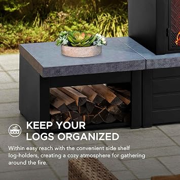 Sunjoy Wood Burning Fireplace Matte Black Outdoor Steel Fireplace with Chimney, Log Holders, Fireplace Tool, and PVC Cover