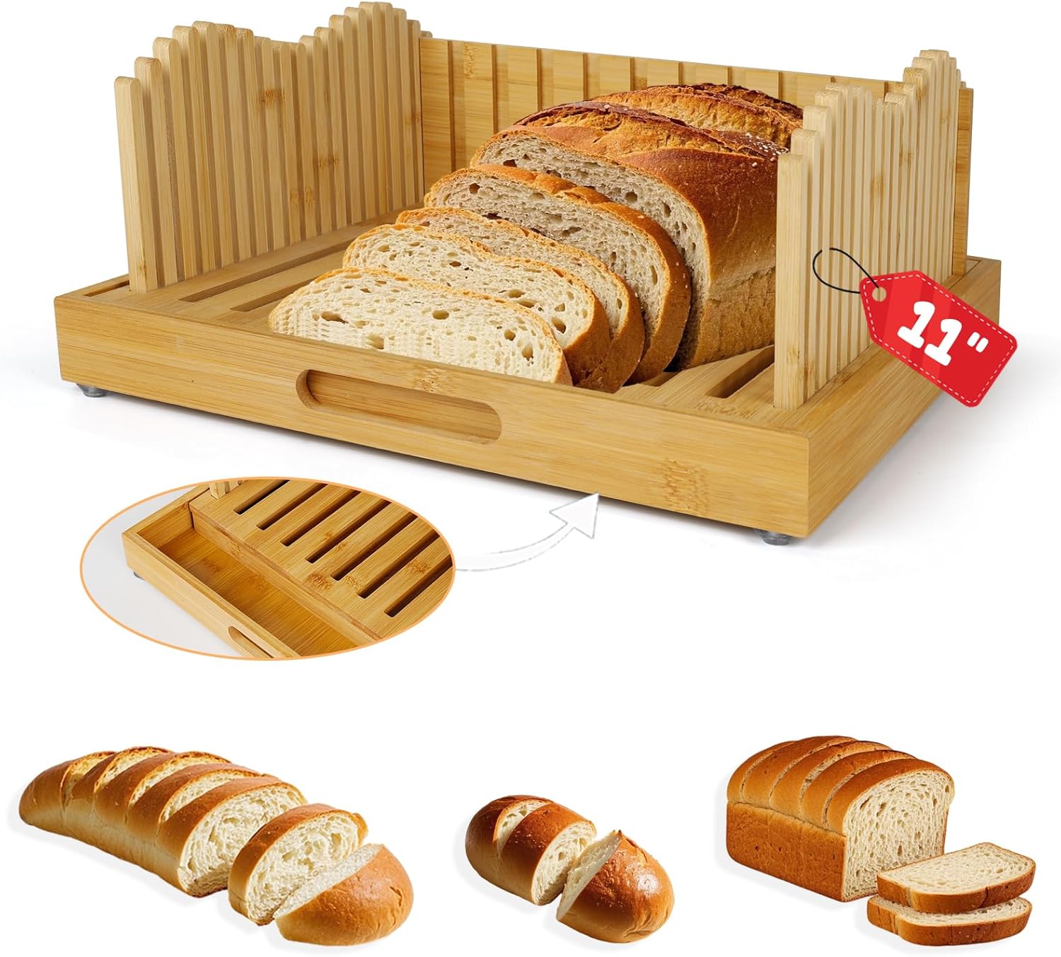 Bread Slicer for Sourdough Rounds, 11″ Adjustable,Large Wide Capacity, The ideal gift for baking experts(Natural color)