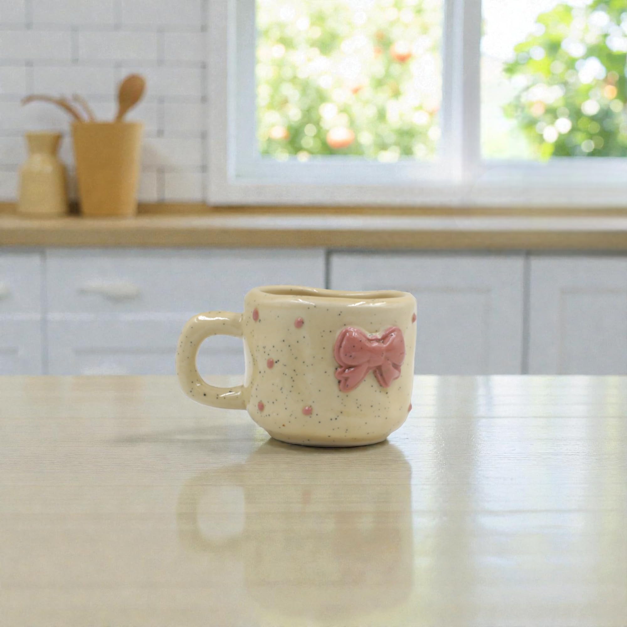 Bow Ceramic Coffee Mug | 180 ml | Microwave Safe Tea & Coffee Cup | Cute Pink Bow Design Cup | Aesthetic Mug for Home, Office & Gifting | Set of 1 (Golden)