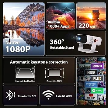 Projector Mini Smart, with Wifi and Bluetooth, 220 ANSI 1080P HD, Built-in Apps, Portable Outdoor Bedroom Movie Projector, for Phone, Android TV, Auto Zoom Keystone, 360 Rotatable Stand Proyector