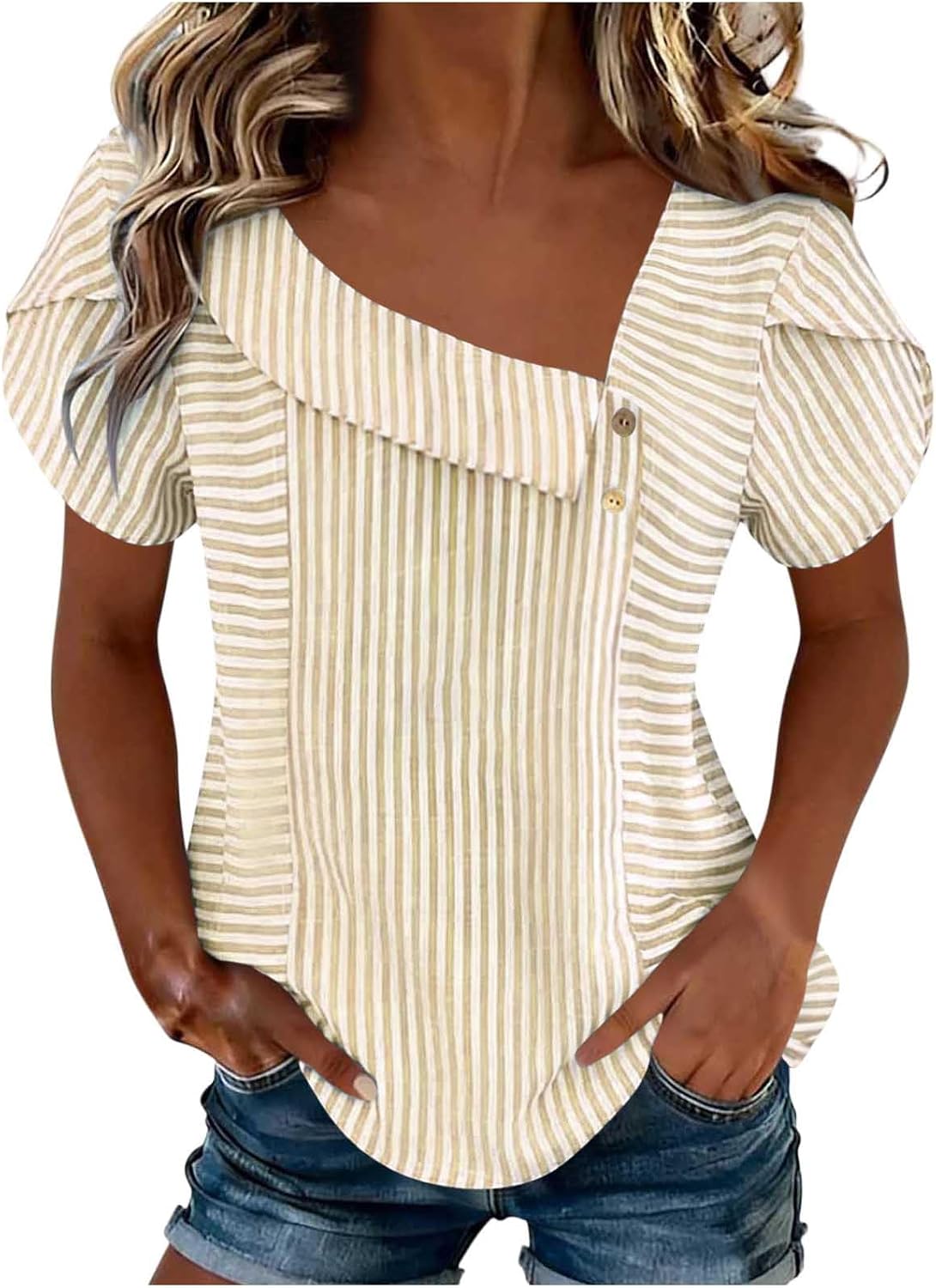 Women's Asymmetrical Neck Striped Blouse Puff Short Sleeve Business Casual Summer Tops Loose Vacation Dressy Shirts