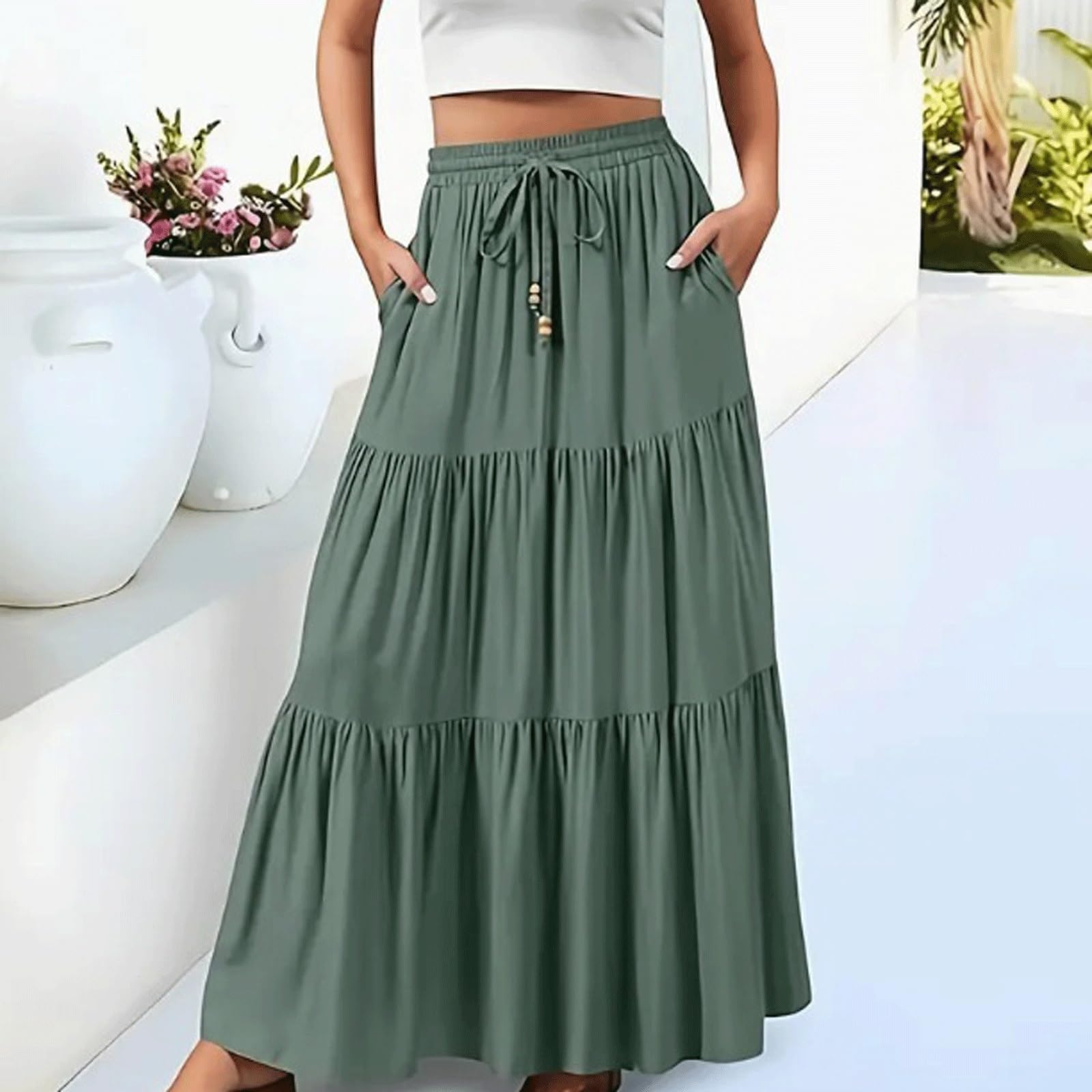 DUddTTW Pleated Women's Midi Skirt Maxi Skirts Midi Length Flowy Skirt Ankle Length Skirts High Waisted Swing Skirt with Pockets Fashion(Gr�n,Lagre)
