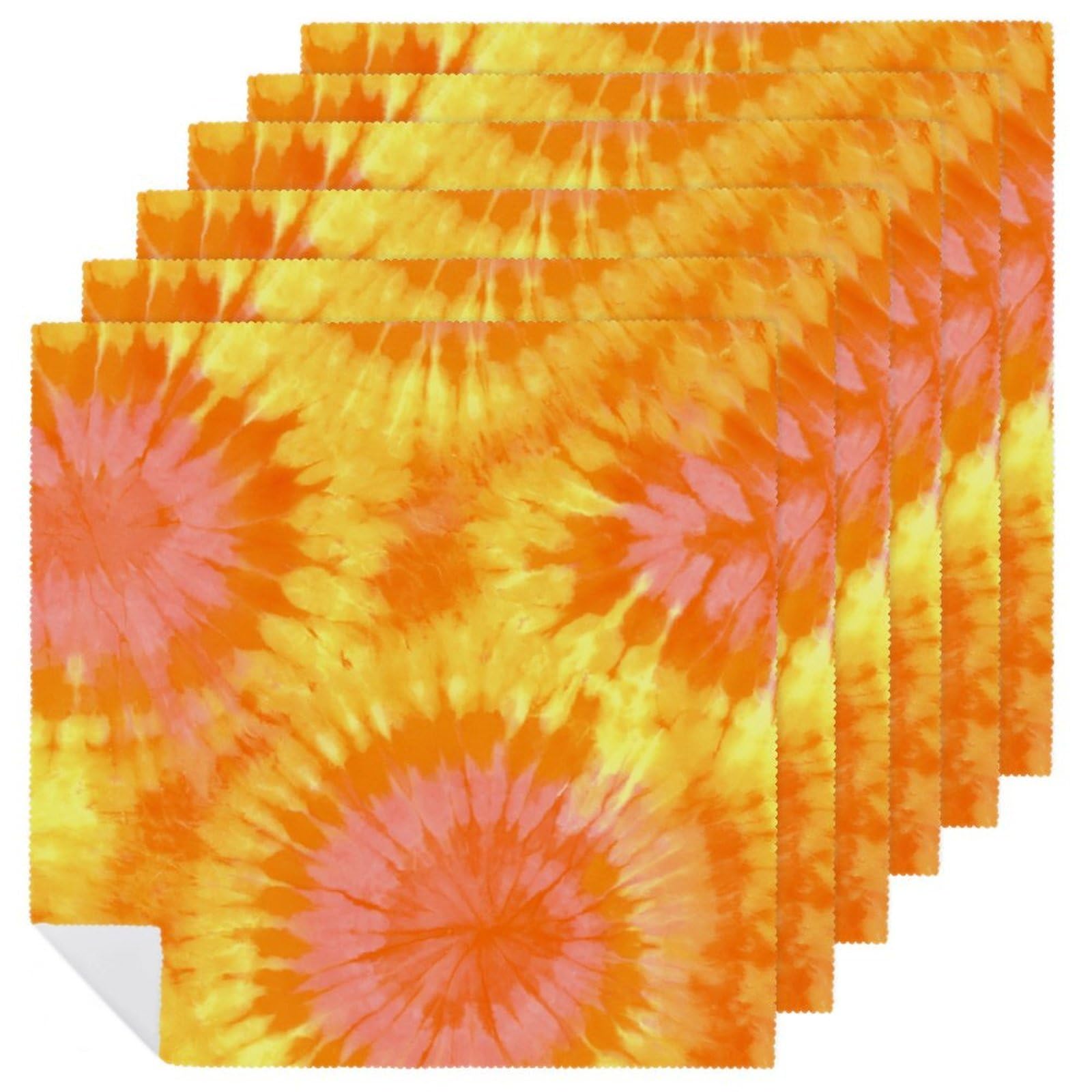 Neon Mango Orange Tie Dye Cloth Napkins Set of 6, Square Premium Reusable Washable Polyester Table Linen Napkin for Dinner Party