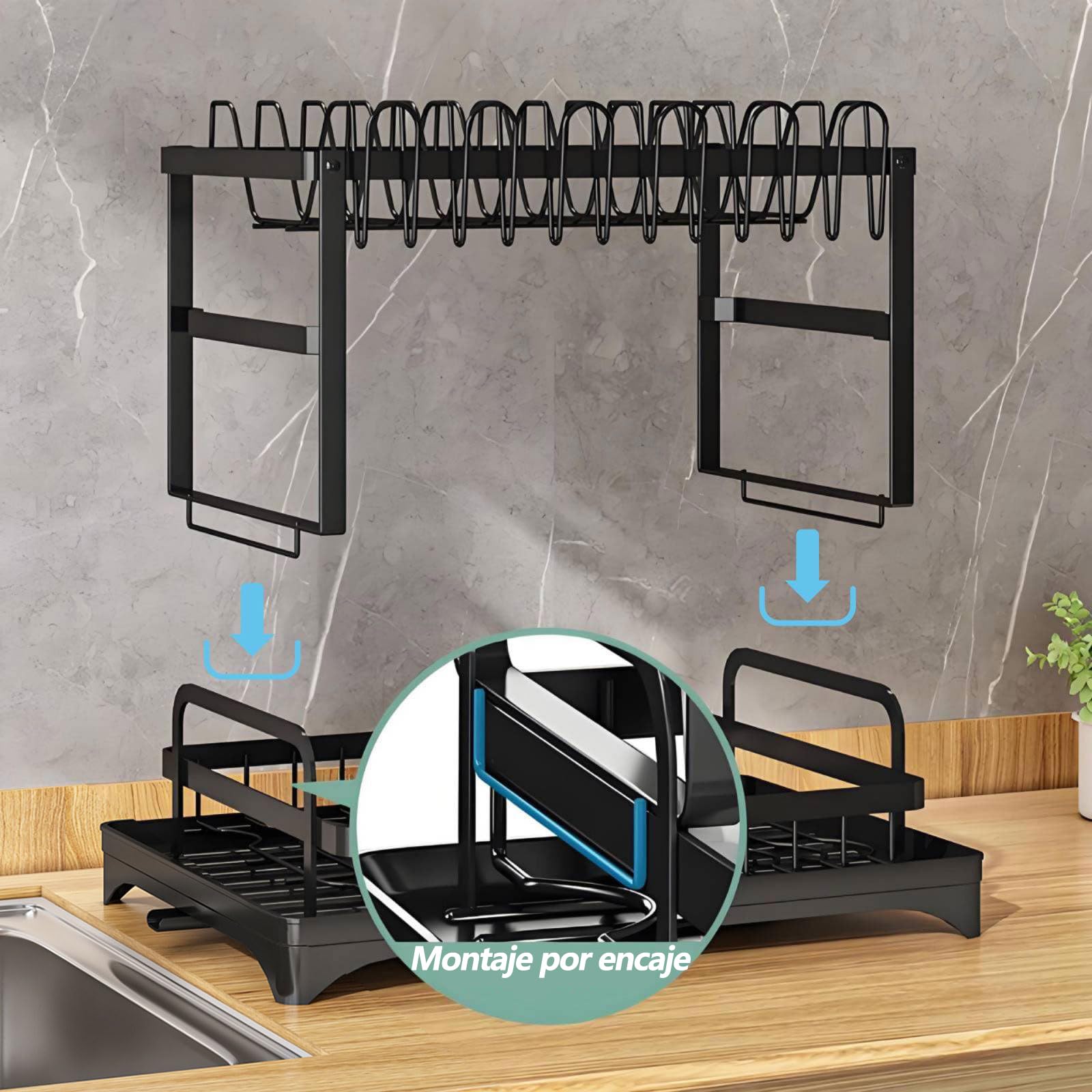 MIMOCASA Escurreplatos sobre Fregadero, Escurreplatos Acero Inoxidable de 2 Niveles Gran, Escurridor de Platos con Desagüe Soporte para Utensilios y Portavasos, Negro — view 5