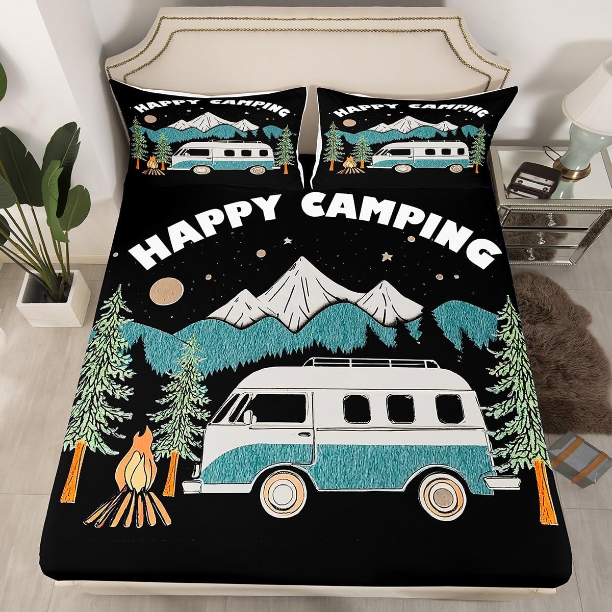 Erosebridal Happy Camping Bed Sheets Rustic Farmhouse Camping Trailer Bedding Set Retro Camp Camper Fitted Sheet Woodland Mountain Trees Fitted Bed Sheet Full Size for Kids Boys Girls Teen