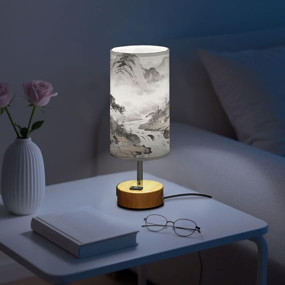 Yuiboo Chinese Landscape Ink Wash Touch Table Lamps Desk Lamps with USB C+A Ports LED Bulb Included for Farmhouse Bedside