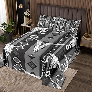 Western Boho Quilt Set Queen Bull Skull Cowboy Coverlet Set Black White Grey Southwestern Aztec Bedspread Set for Teen Boys Men Ethnic Tribal Geometric Diamond Bedding Set Southwest Room Decor