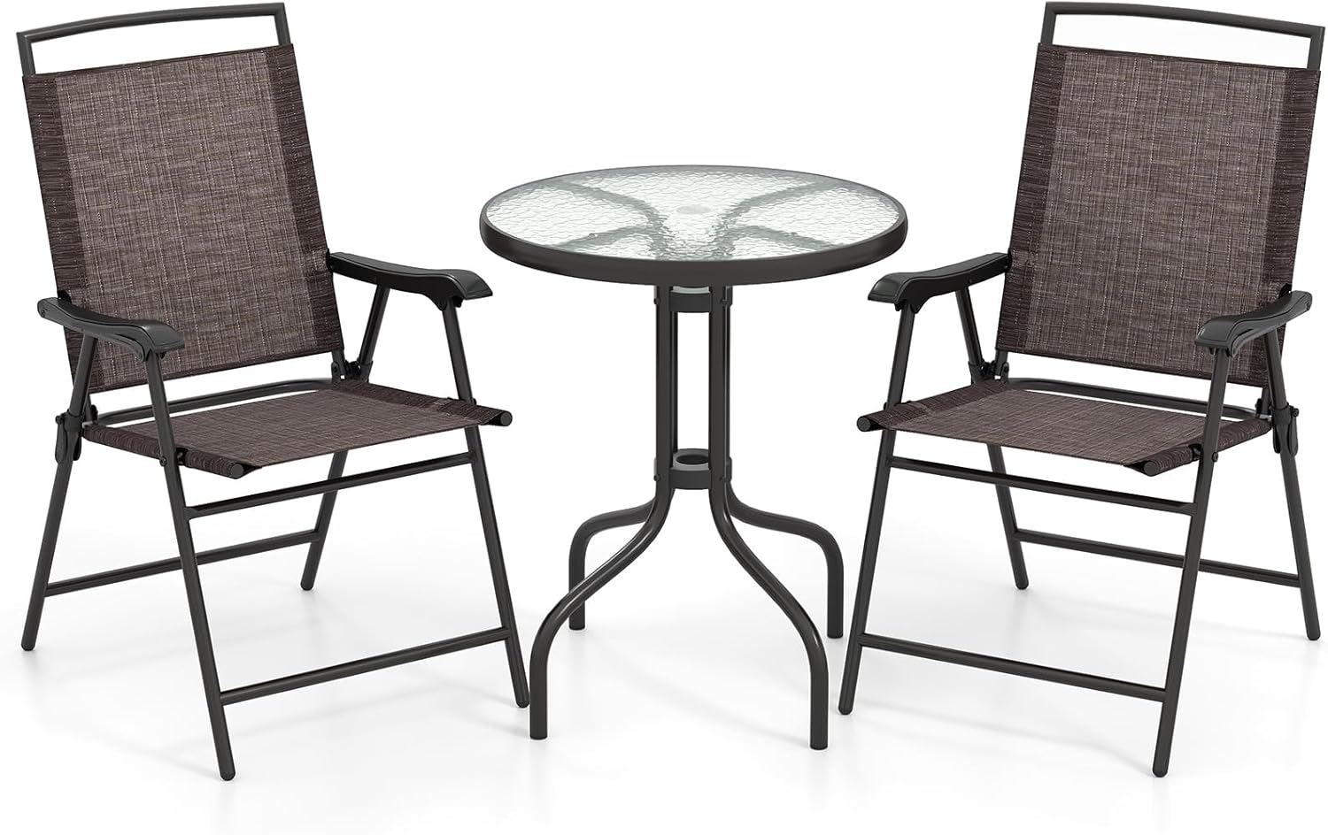 Goplus Patio Bistro Set, 3-Piece Patio Dining Furniture Set with Round Tempered Glass Table, 2 Foldable Chairs, Small Outdoor Folding Chairs & Table Set for Porch Garden Pool Yard