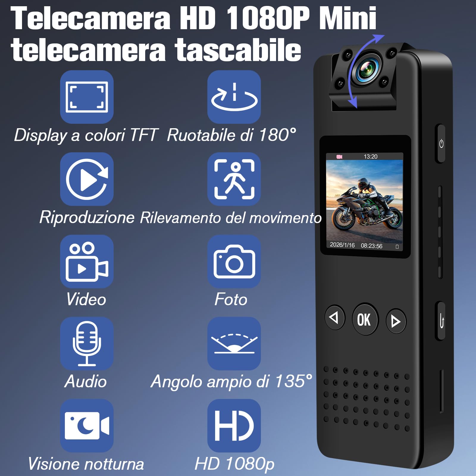 Mini Body Cam HD 1080P, Action Cam Portatile, Telecamera Casco Moto con Audio Rotazione di 180°con Visione Notturna Rilevamento del Movimento per Vlog, Ciclismo, ecc. Attività al chiuso/all'aperto