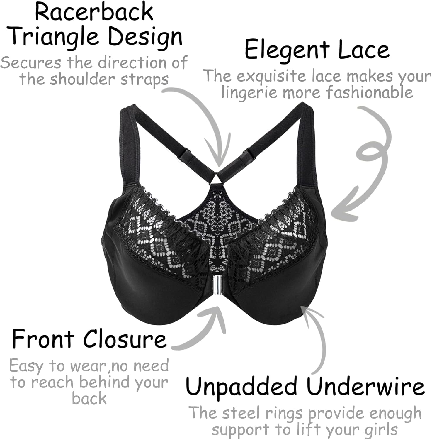Women's Front Closure Racerback Bra Underwire Full Coverage Unpadded Lace Everyday Bra Plus Size for Large Bust