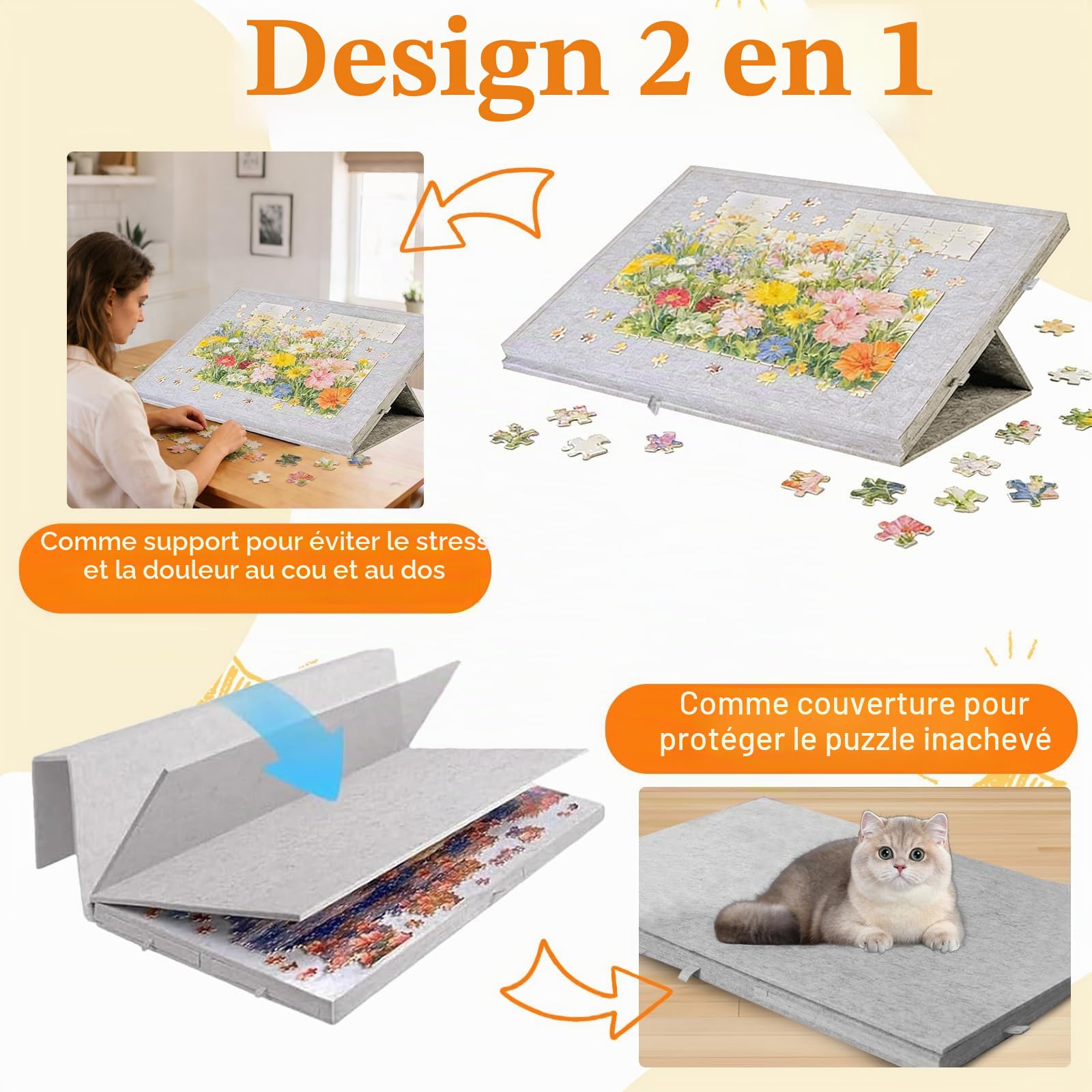 Planche à Puzzle Pliable 1000 pièces, Portable, 2 en 1 Planche à Puzzle Portable avec 6 Tiroirs & Couvercle, Planche de Puzzle, Table de Puzzle, Cadeau de Noël pour Adultes, Enfant (Gris)
