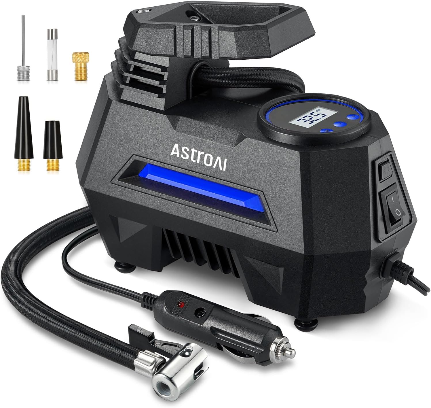 AstroAI Portable Air Compressor Pump, 12V Digital Tire Inflator With Gauge, 100PSI LED Light, Larger Flow, Extra Nozzle Adaptors for Car, Bicycle, Motorcycle, Ball, Mattress