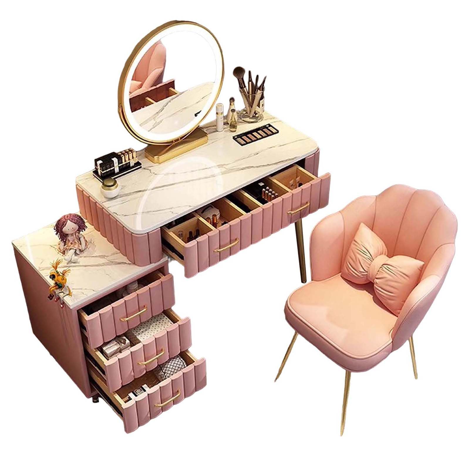 CGCSYZ Pink Vanity Desk with Round Mirror & Lights Makeup Table with Chair 5 Drawers 3 Lighting Modes for Girls & Women(Pink-80cm)