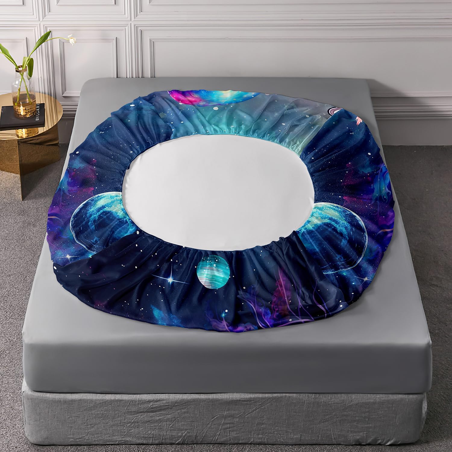 Glowing Jellyfish Fitted Sheet Set Queen Size,Galaxy Space Planet Rocket Bedding Set for Kids Teens Boys Girls Room Decor,Universe Sea Creatures Bedding Sets,1 Fitted Sheet+2 Pillowcases.