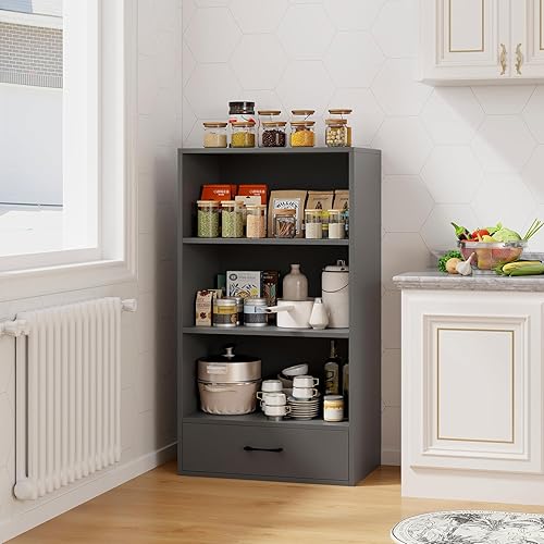 Miniatura 8 de Tangkula Estantería de 3 niveles con cajón, estantería independiente de 48 pulgadas de alto con 3 estantes abiertos y 1 cajón, dispositivos